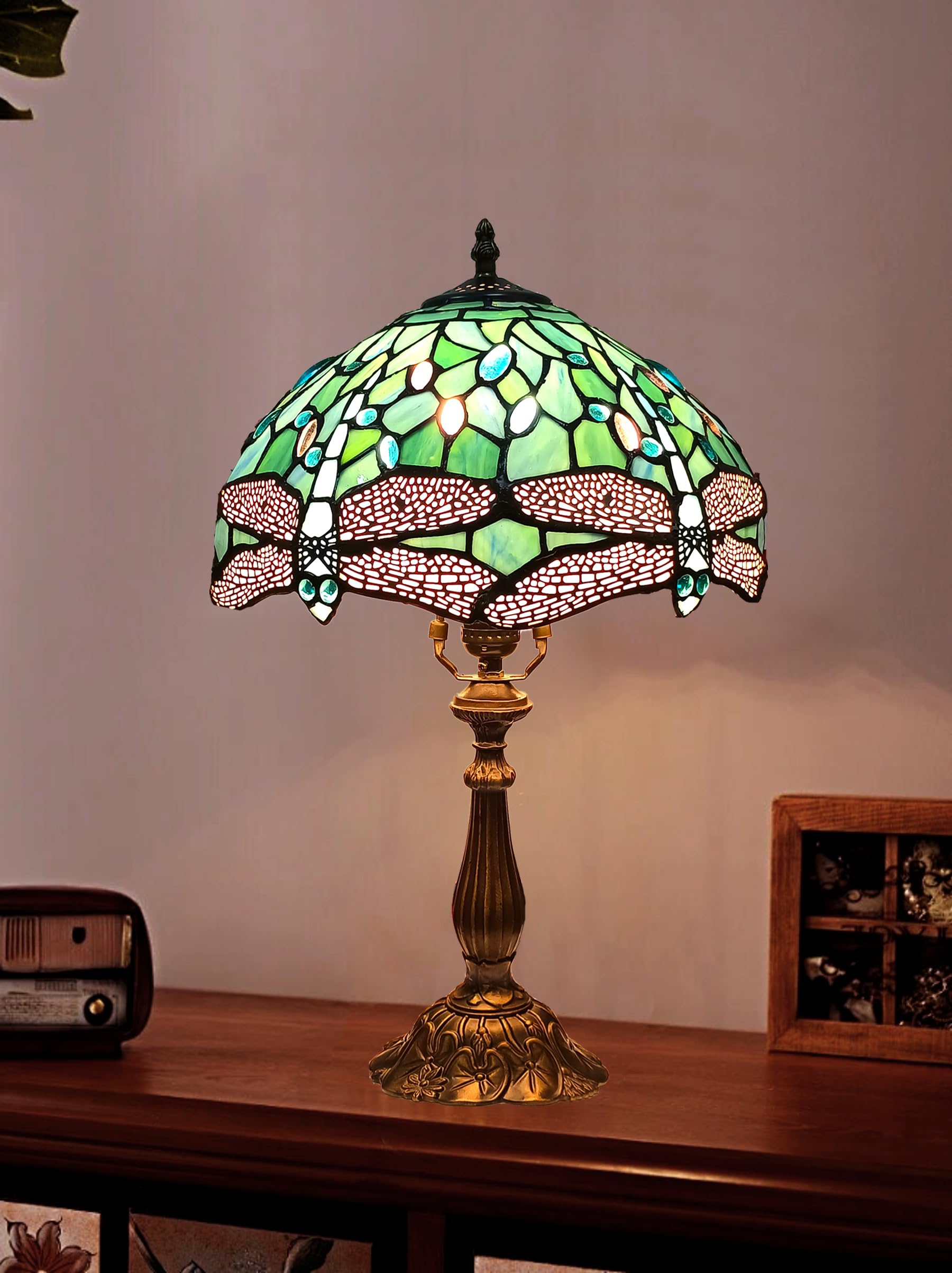 Tiffany Table Lamp,Sea Blue Dragonfly Style Stained Glass Lamp,12X12X20 Inch Decor Bedroom,Living Room Reading Tiffany Lamp,Incl