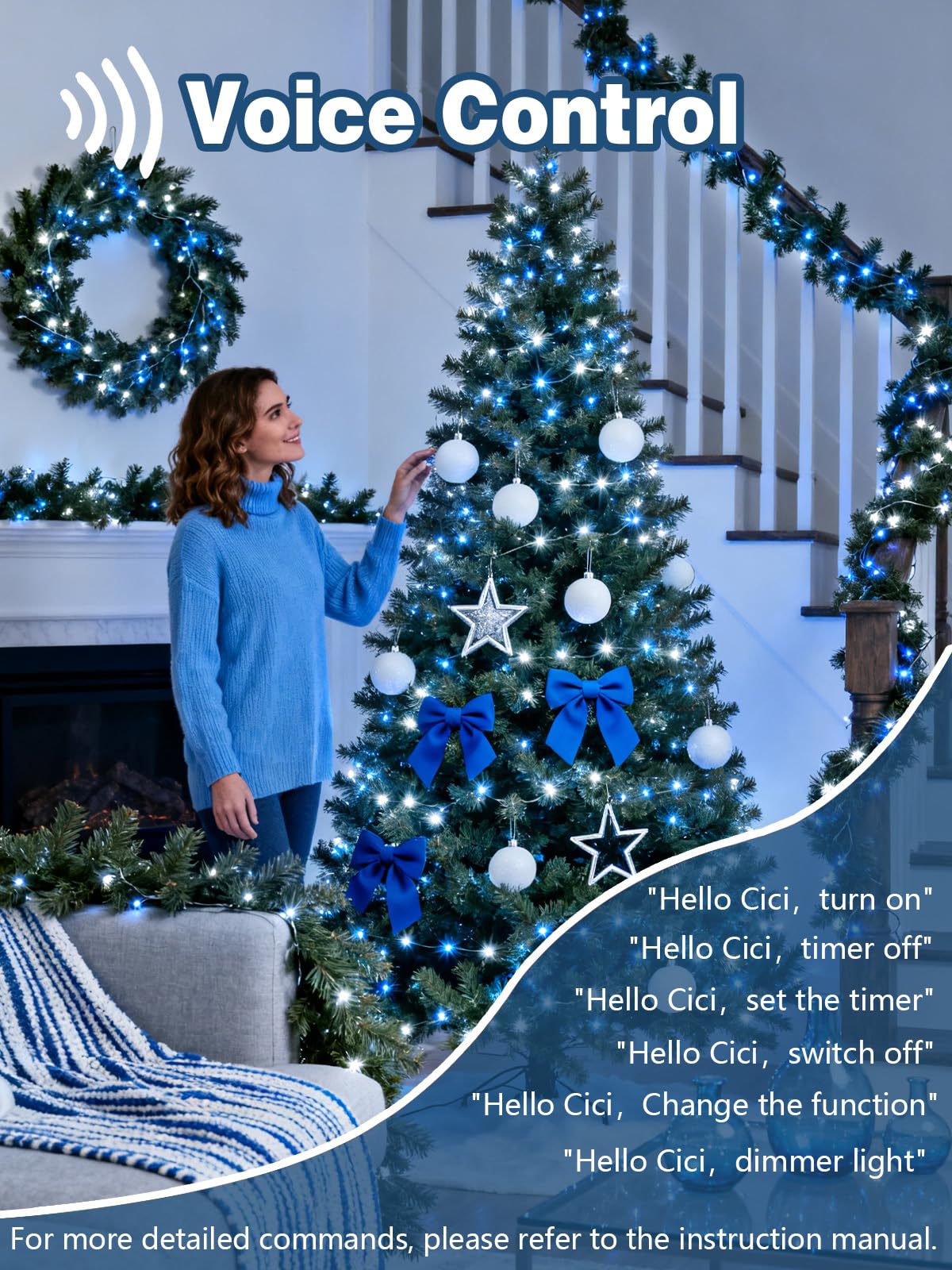 Voice Controlled Christmas Lights With Remote  99 Ft 300 Led String Lights Indoor Outdoor With 12 Modes 3 Timers  Dimmable Twinkle Light Plug In Waterproof For Xmas Tree Party Decor  White And Blue