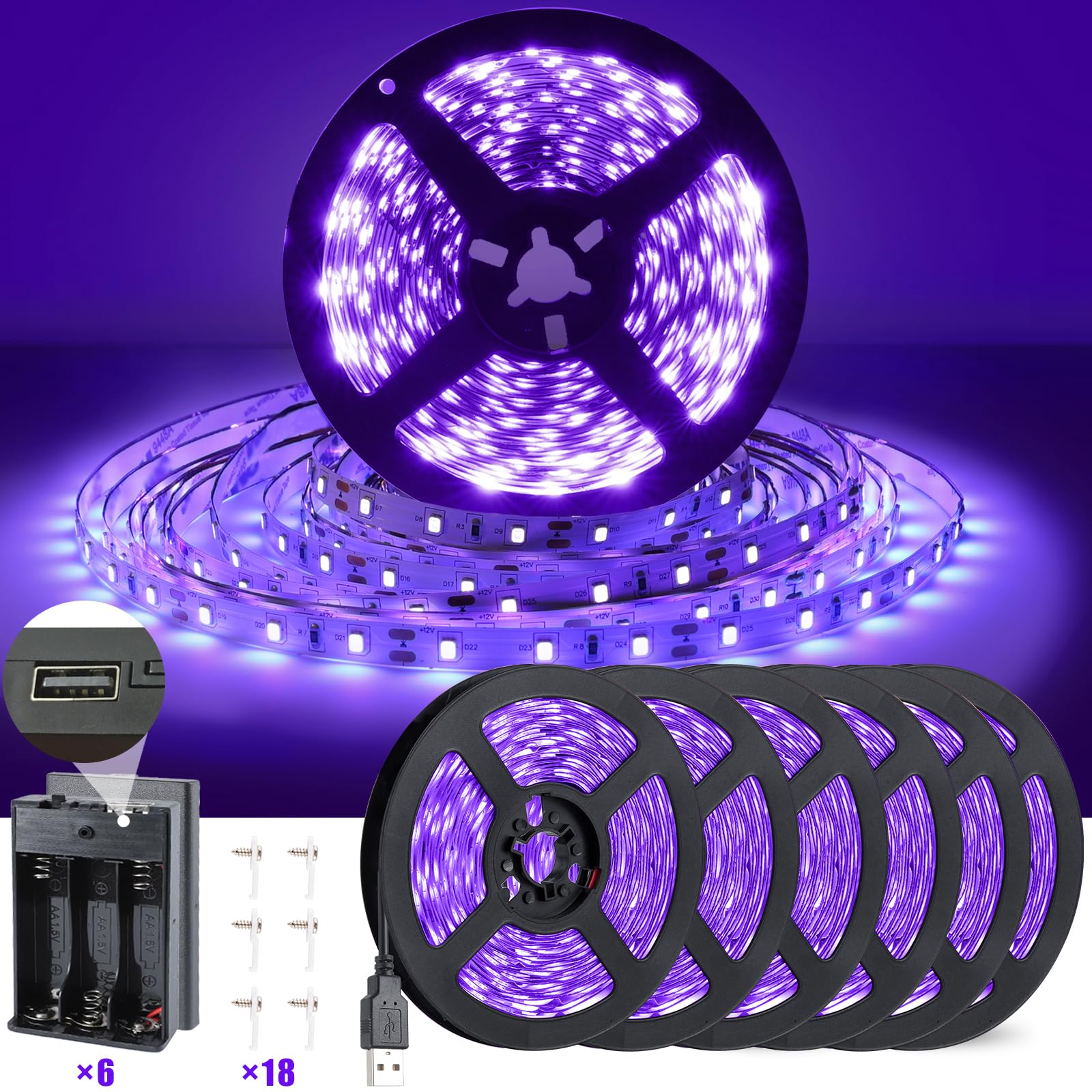 NEWREACH USB Black Light Strip, 49.2ft, 900 LEDs, 385-400nm for Glow in The Dark, Battery Operated, Blacklight, Model NR-BLS2