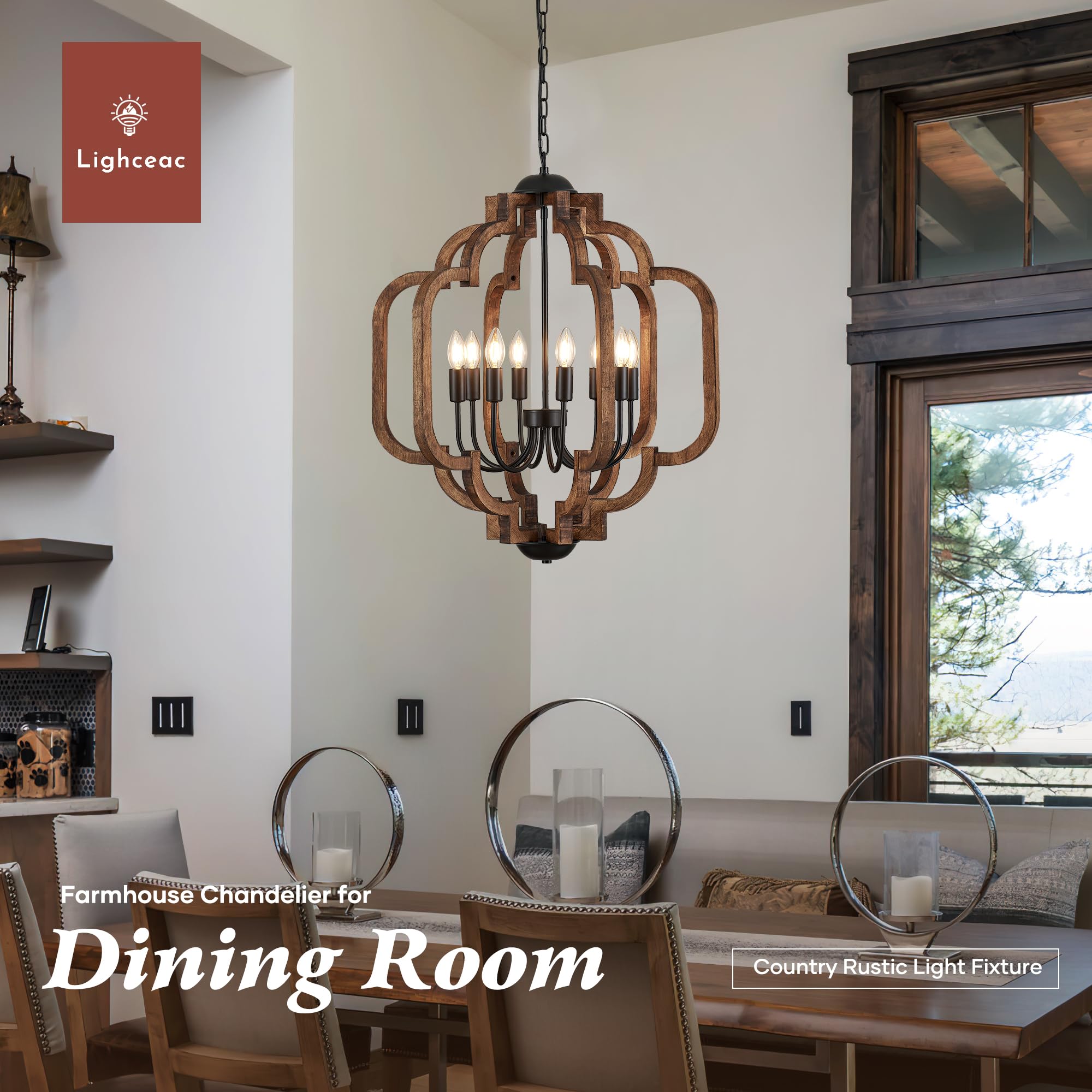 Lighceac 24.6'' Farmhouse Vintage Chandelier 8-Light For Dining Room Rustic Handmade Wood Hanging Ceiling Pendant Light Fixture