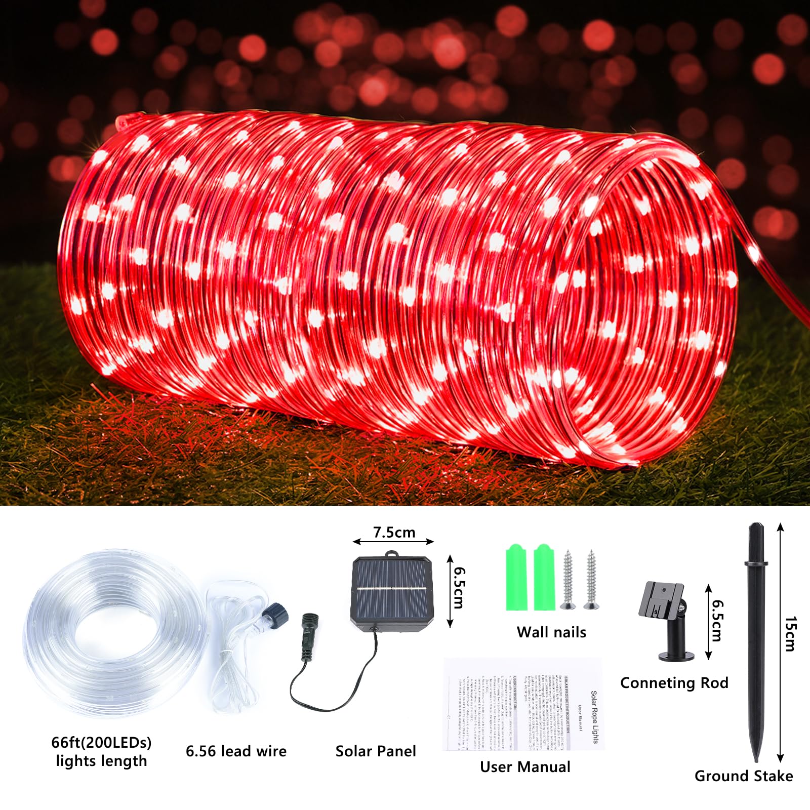 Jnaurb Solar Rope Lights, 132ft 400LED Waterproof Outdoor String Lights, Red, 8 Modes, Flexible Tube for Garden Patio Xmas Decor