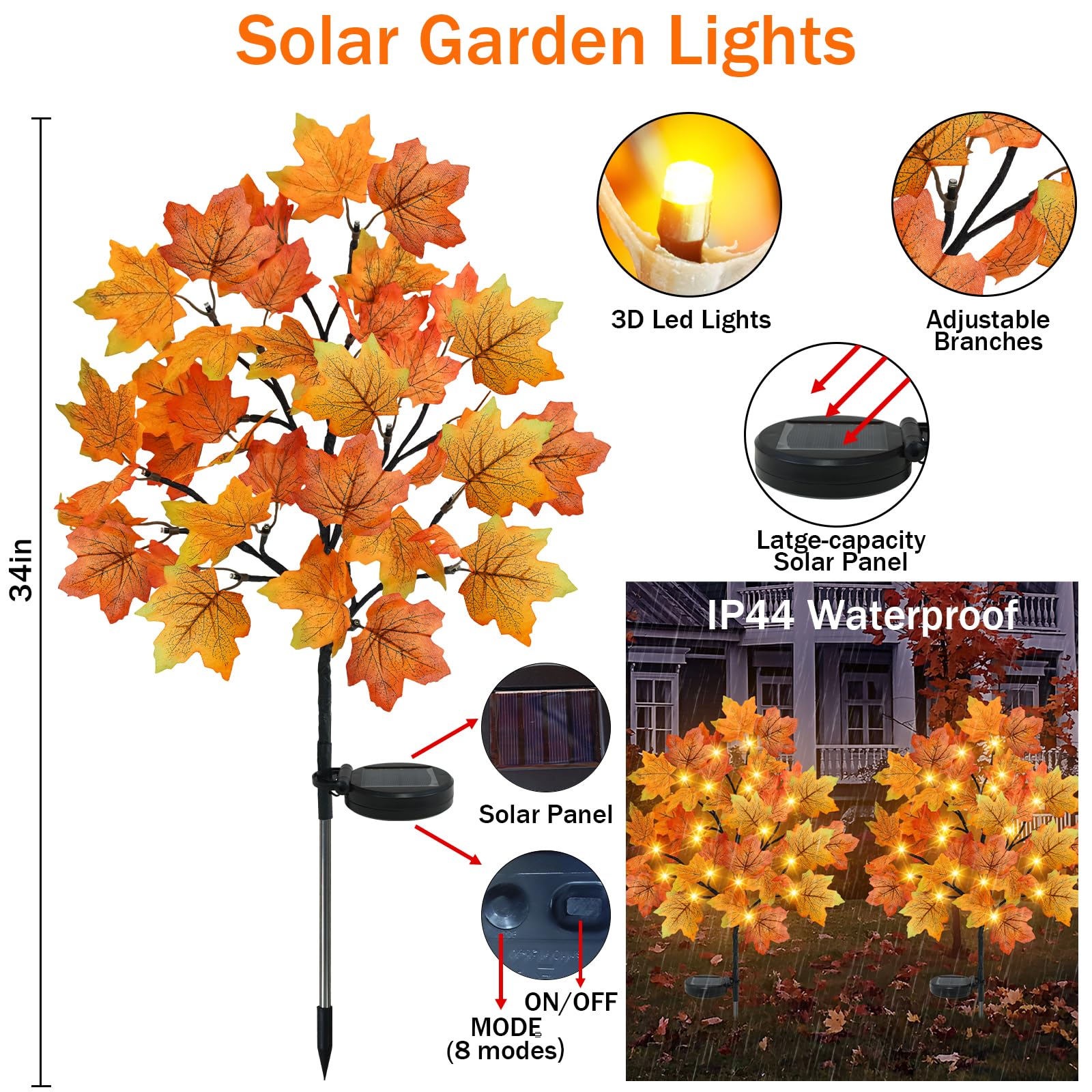 Torontokyo 4 Pack Fall Solar Outdoor Lights, Fall Decor 80 Led Maple Leaves Solar Stake Light With 8 Modes, Waterproof Fall Garden Lights Thanksgiving Decorations For Autumn Yard Pathway Outside