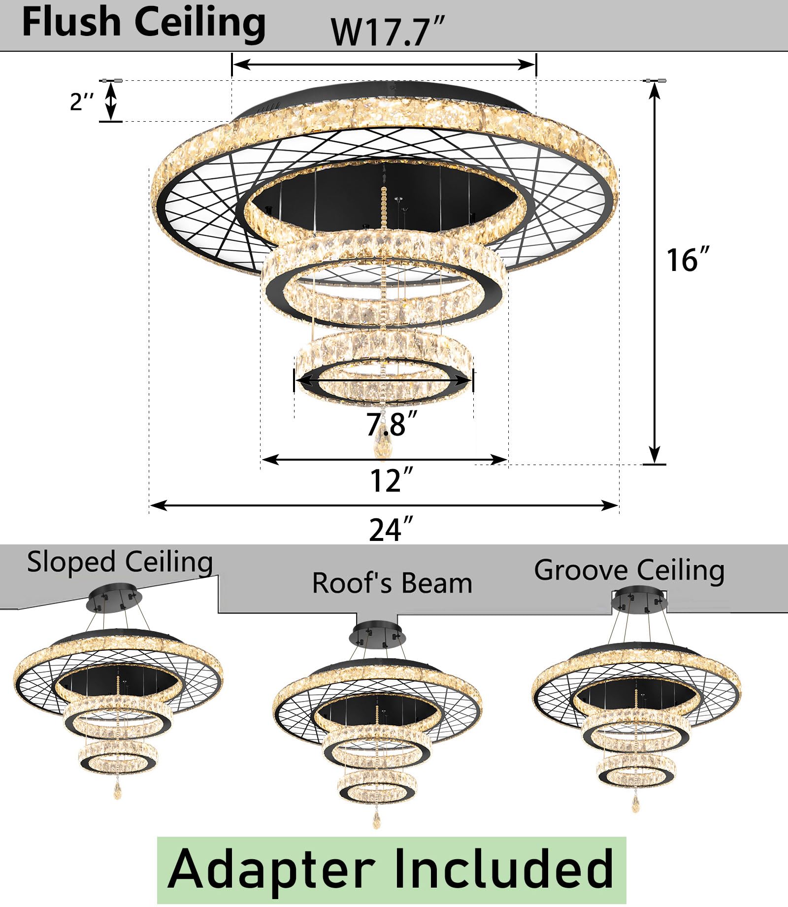 HAIXIANG LED Ceiling Chandelier, 24" Black Crystal & Glass Light Fixture, Remote Dimmable, Model MMQ3831