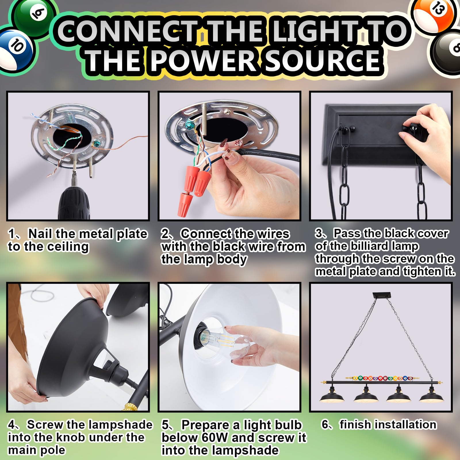 Rossesay Adjustable Pool Table Lights For 7'-8' Table Billiard Light Hanging Pool Table Light Fixture Lighting Pendant Lamp With