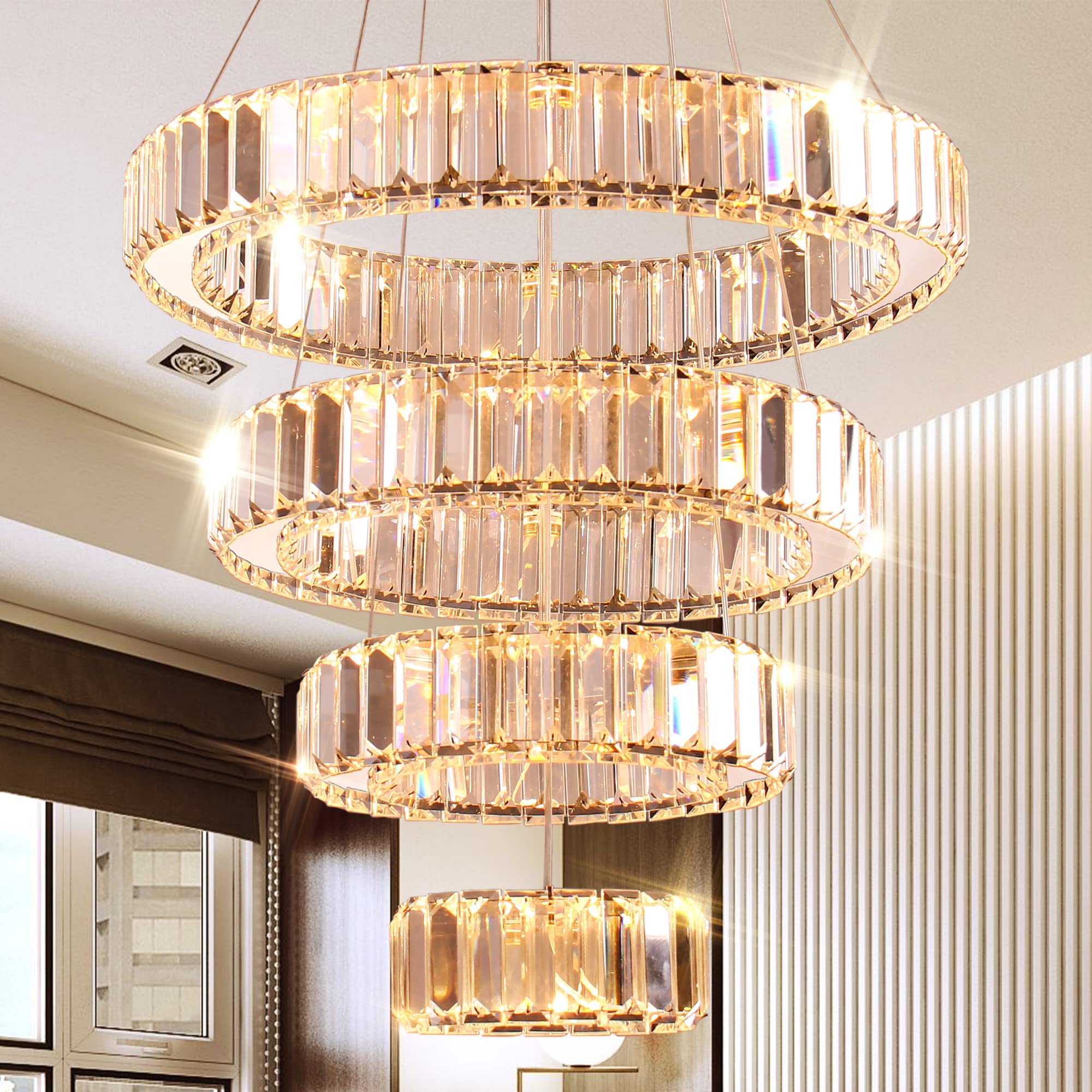 YPQXYHDA 4 Rings LED Chandelier for Dining Room, Modern Crystal Chandelier Pendant Light High Ceiling Chandeliers for Bedroom Li