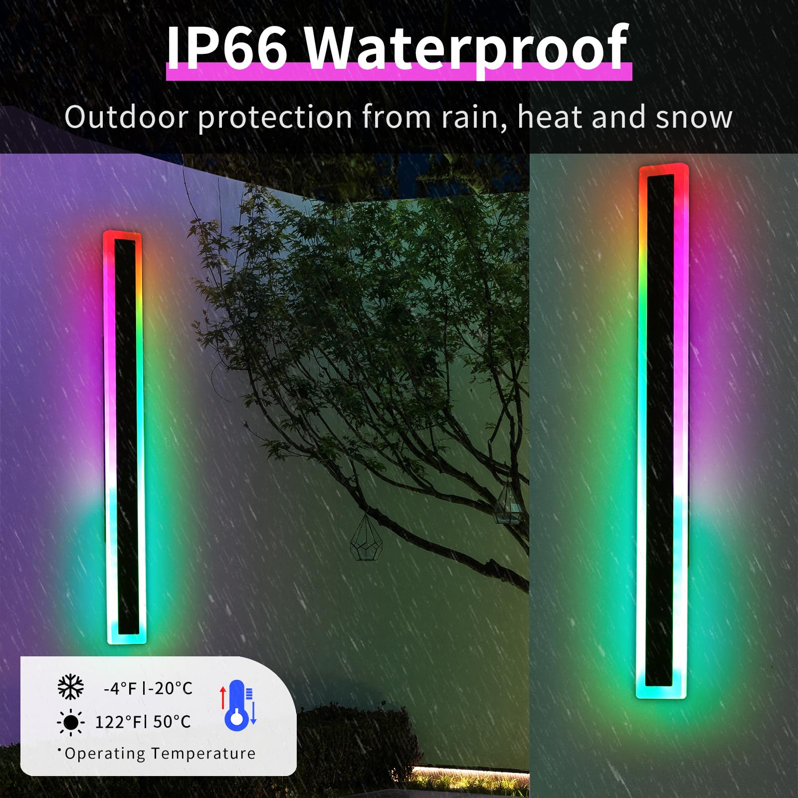 Daoseolo Modern Outdoor Wall Light - 59" RGB LED Sconce, IP65 Waterproof, Acrylic, Remote Control, Black Aluminium, 2 Pack