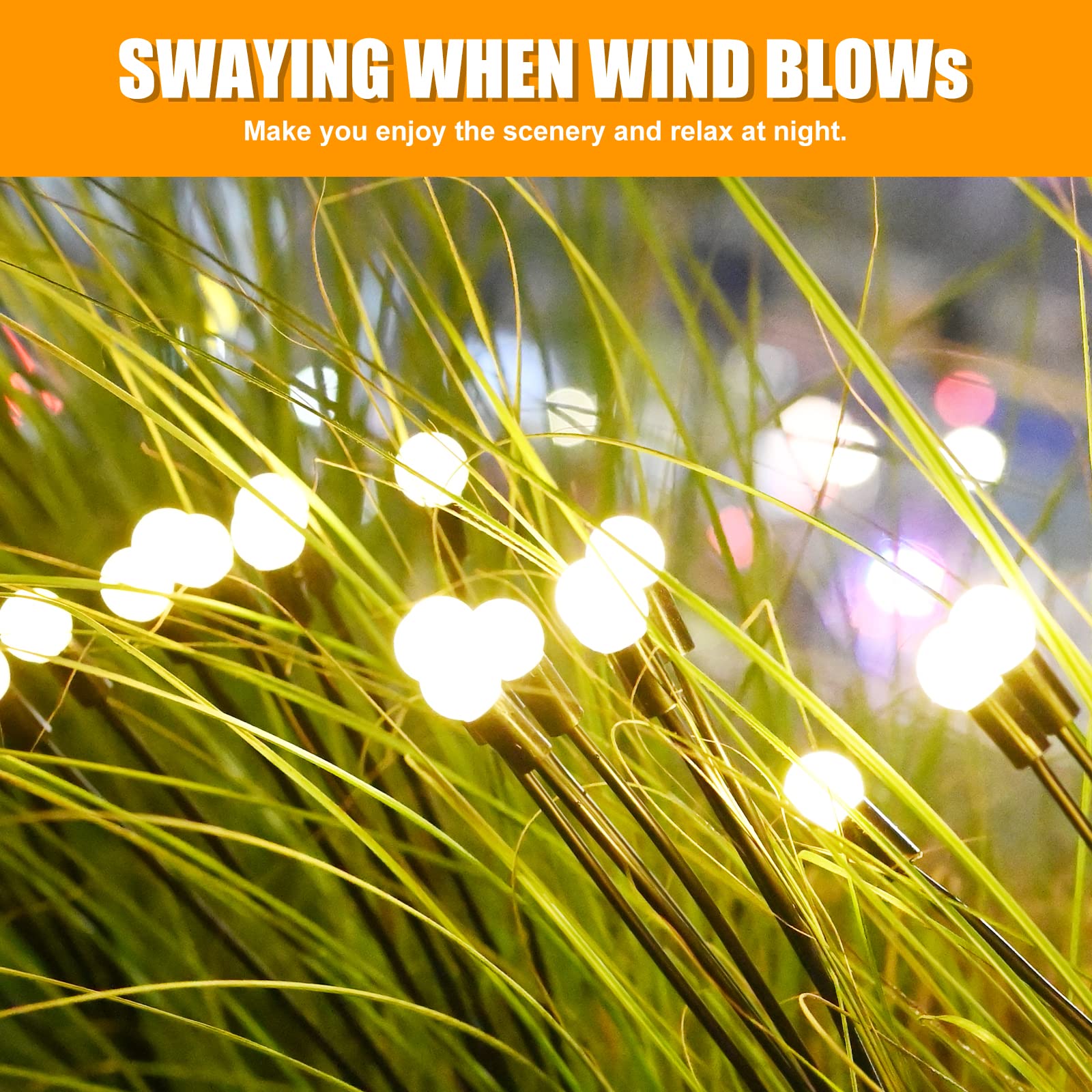 Rikuy Solar Garden Lights 4 Pack, Upgraded Total 32 LED Solar Firefly Lights with 8 Lighting Mode, Sway by Wind, Waterproof Sola