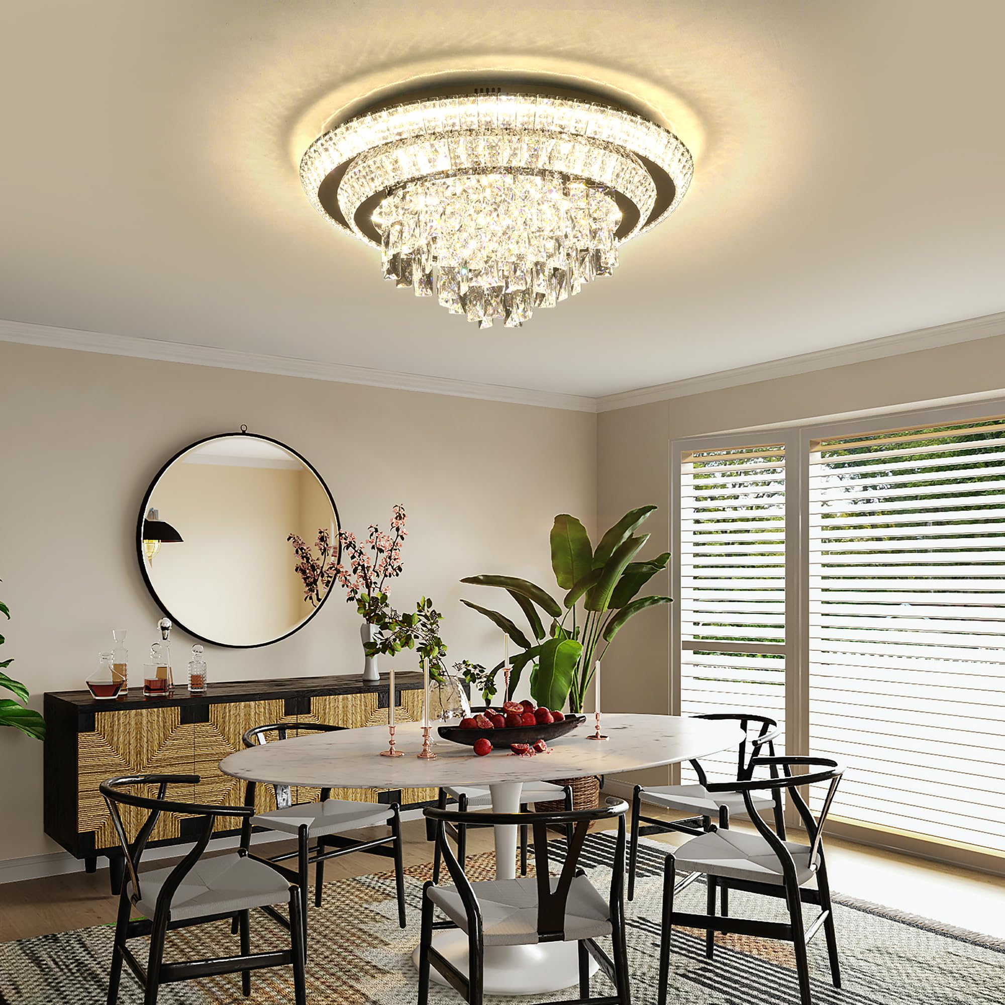 Redstar 24'' Crystal Ceiling-Light Flush Mount With Remote Control, 3 Colors Temp & Brightness Adjustable, Modern Crystal Raindr
