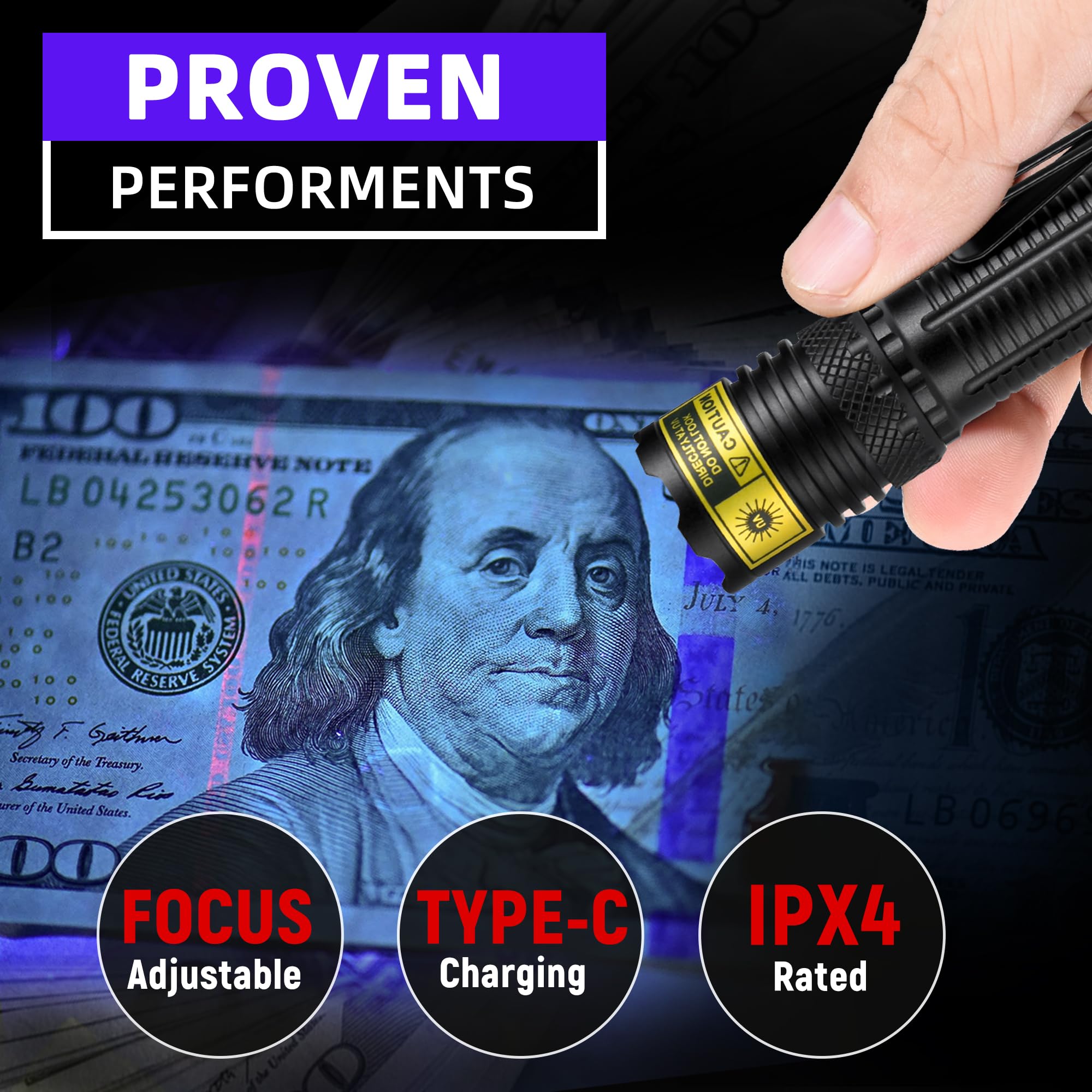 Darkdawn Uv Flashlight 365Nm Black Light,Mini & Powerful Usb- C Flashlights Led Rechargeable Woods Lamp, Portable Adjustable Foc