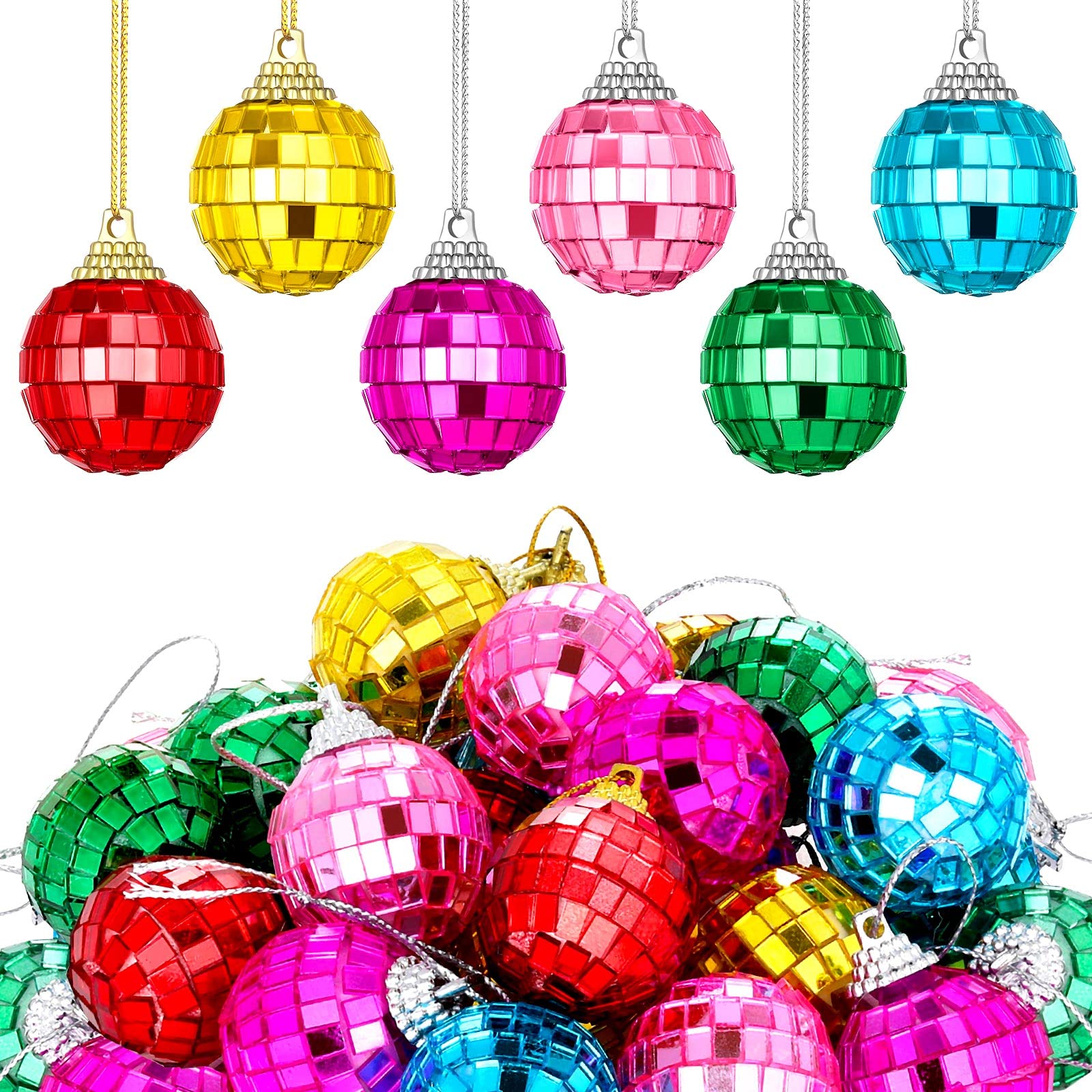 BBTO 24 Pieces Mini Disco Ball with Rope Py Decoration Groovy Decorations Hanging Reflective Car Mirror Ornament Stage Props for