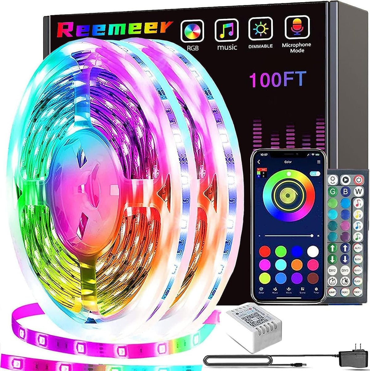 Reemeer Led Lights 100Ft(2 Rolls Of 50Ft) Smart App Control Music Sync Led Strip Lights Rgb Color Changing Led Lights Strips Wit