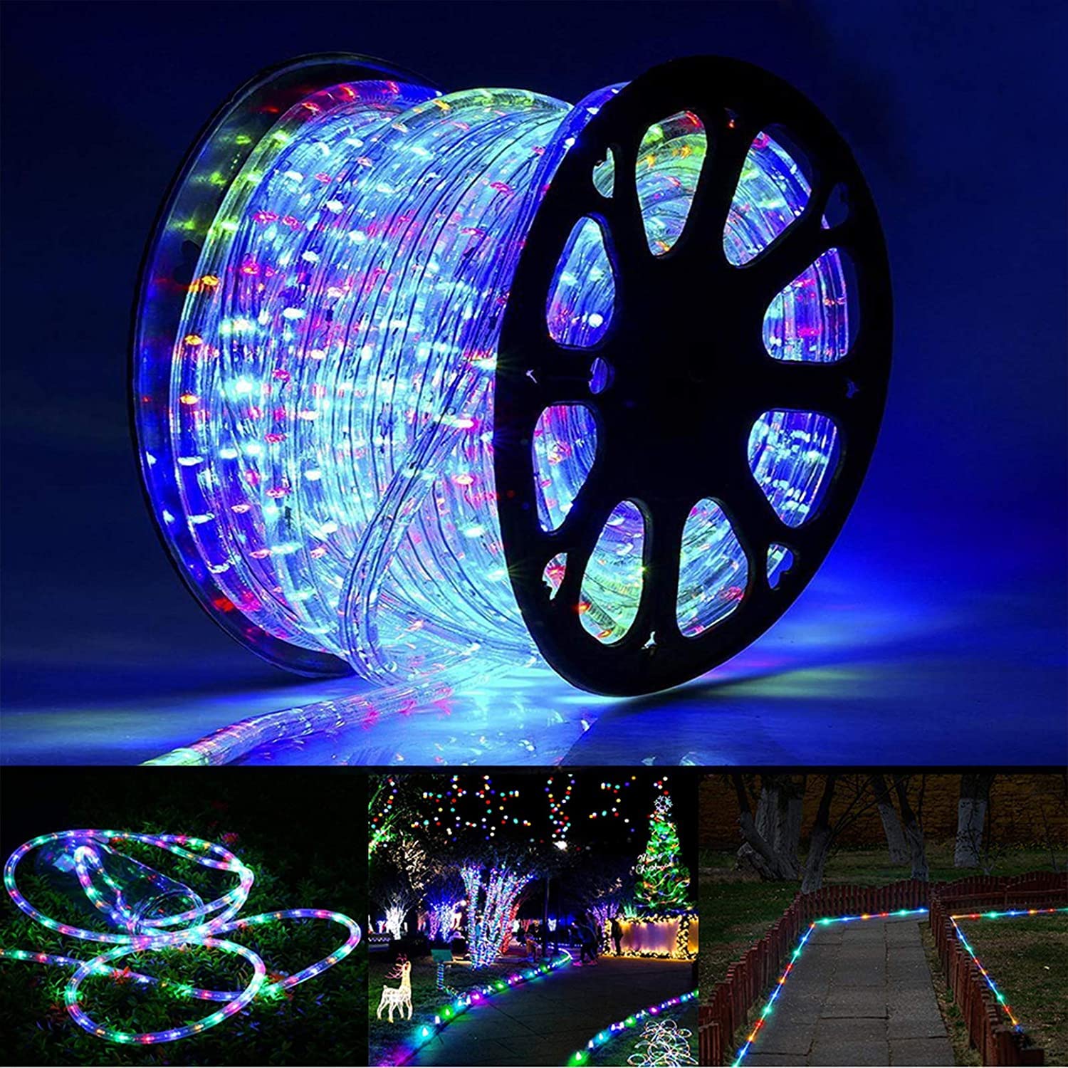 Jnaurb 100ft LED Rope Lights, 720 LEDs, Waterproof, Multicolor, Model JT-ELFC300V0200-C, Flexible Tube Lights for Indoor/Outdoor Decoration