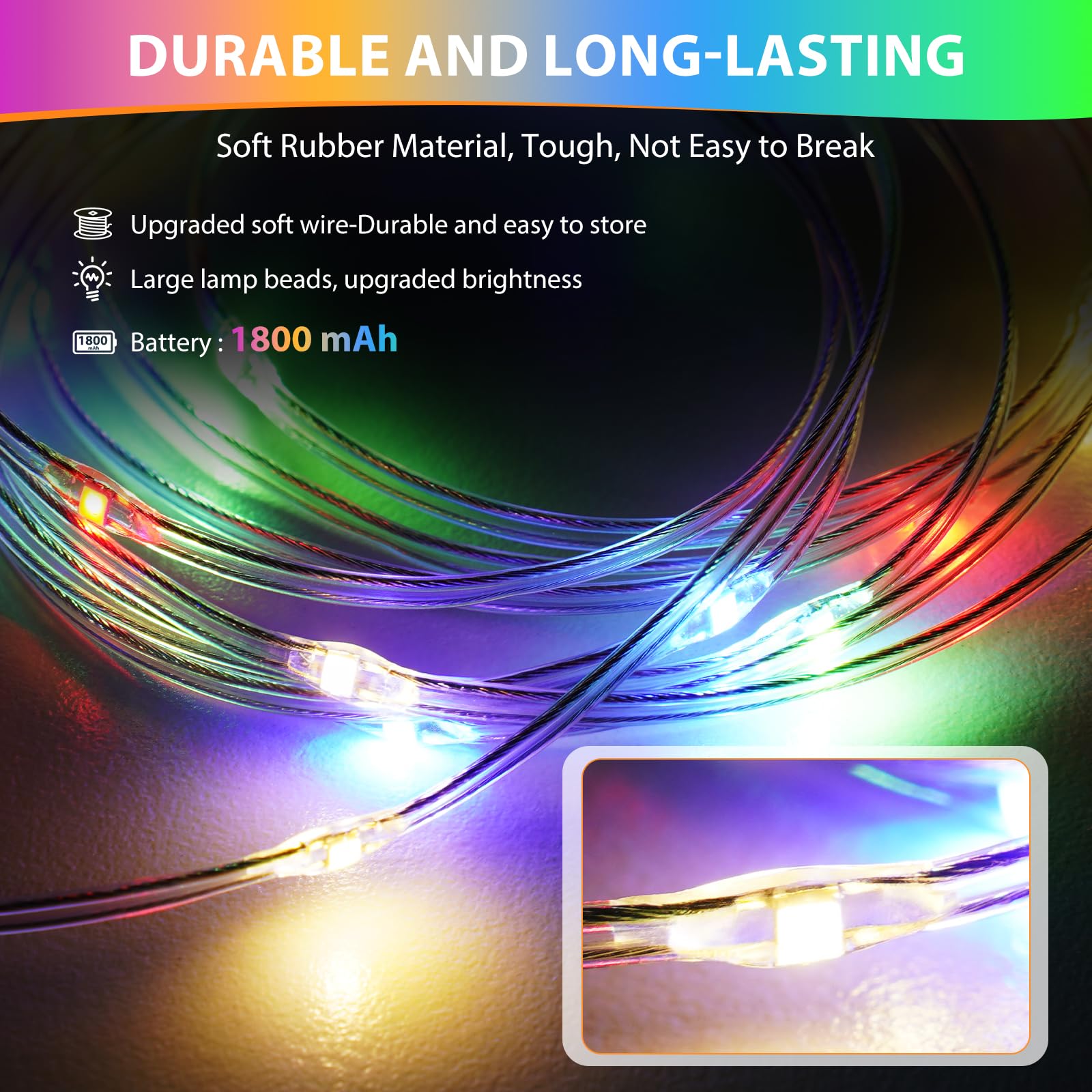 UGDLUCK Camping String Lights, 32.8FT Rechargeable Tent Lamp, 6 Modes, Waterproof, Multicolor, Model CD013