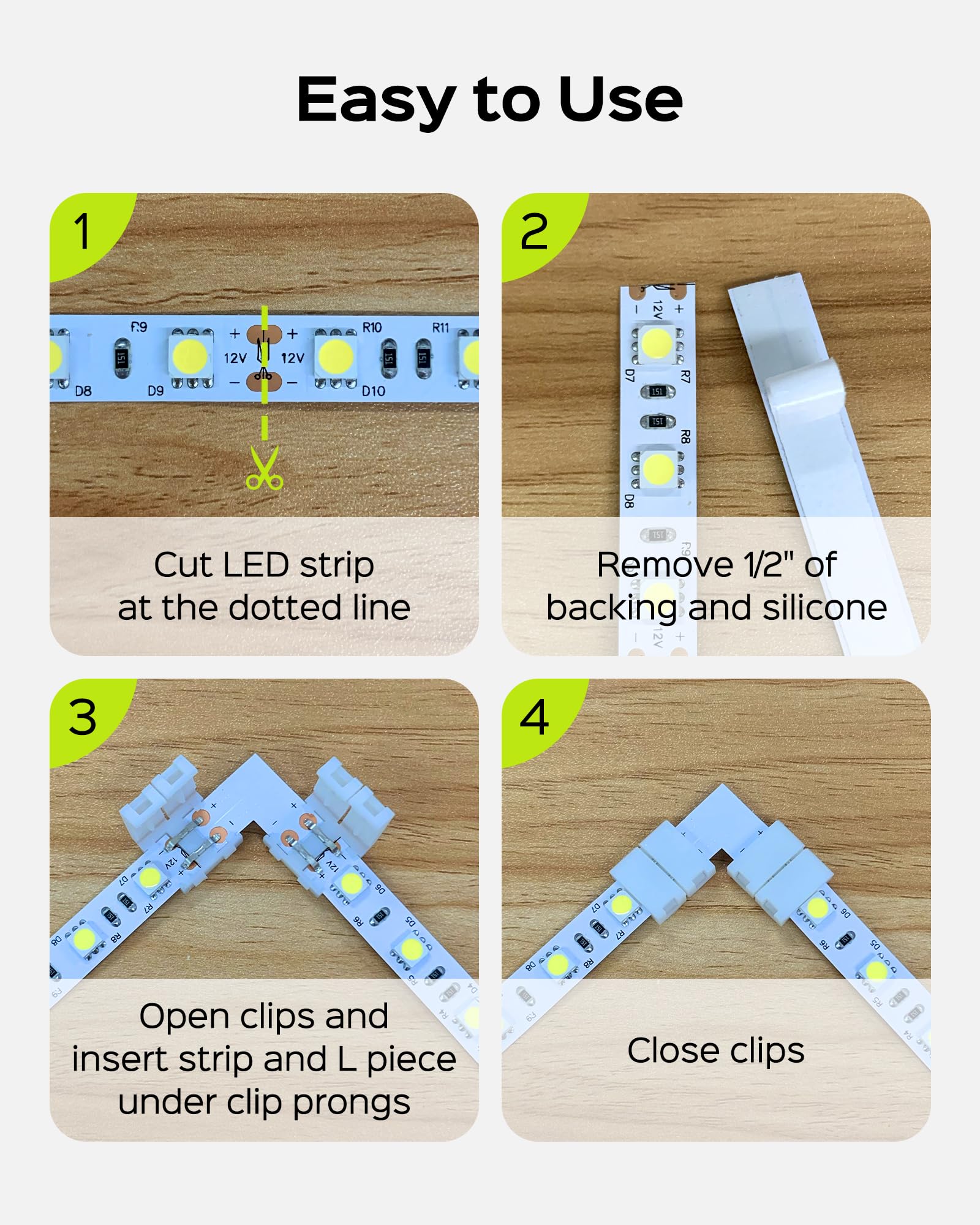 Jackyled 10Mm 2-Pin Led Strip Connectors For Led Strip Lights, Total 22Pcs Corner Connectors Kit For Unwired Gapless Solderless