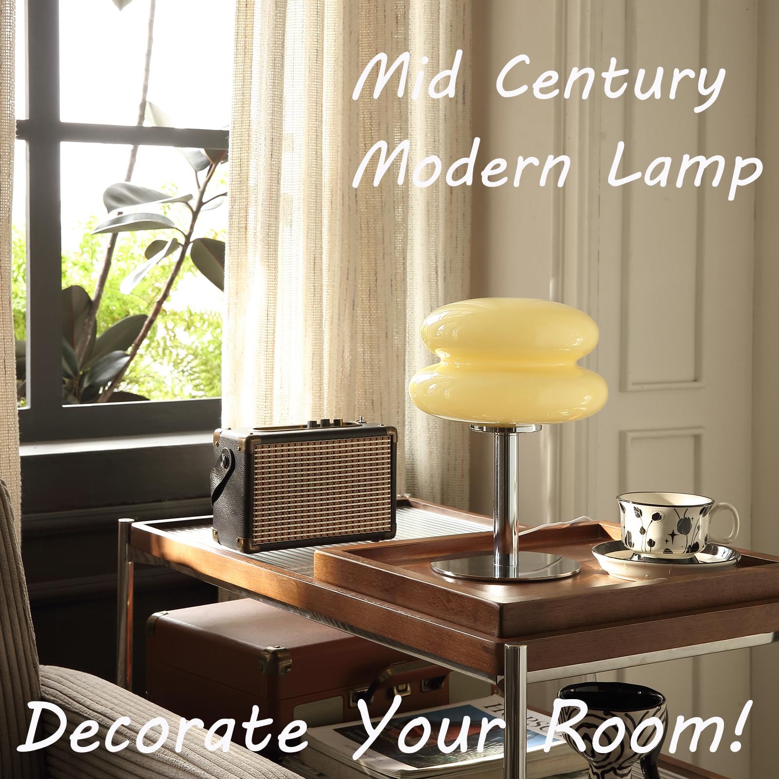 Glivpny Mushroom Lamp, Mid Century Modern Dimmable Table Lamp, Small Cream Glass, Model HB003