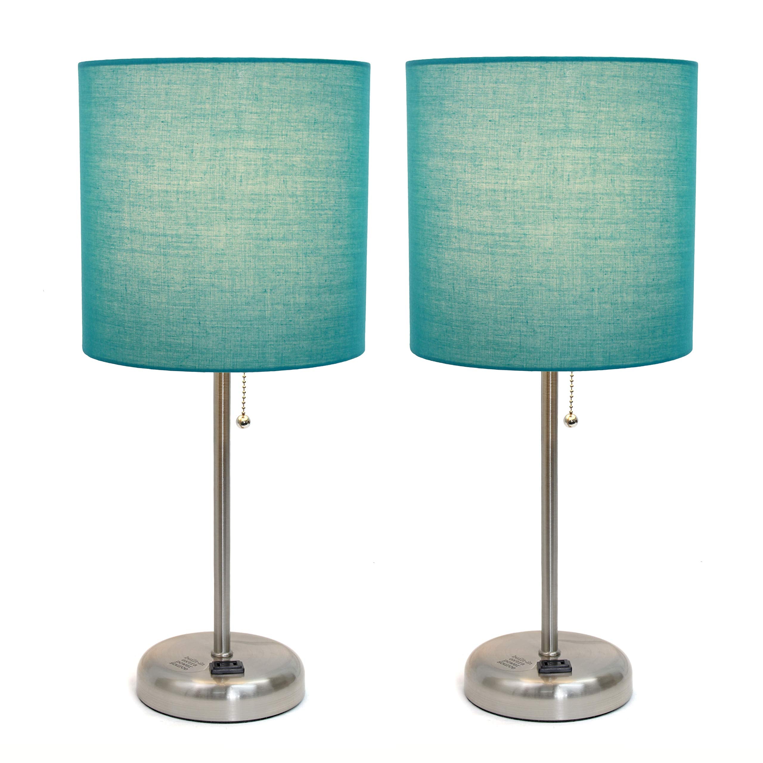 Simple Designs Lc2001-Tel-2Pk Brushed Steel Stick Table Lamp Set With Charging Outlet And Teal Fabric Shades, 2 Pack Set