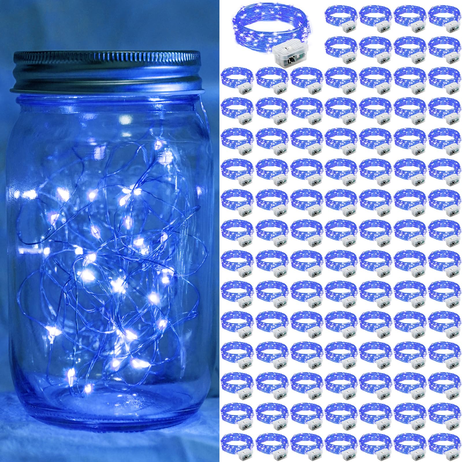 chzk 100 Pack Blue LED Fairy Lights Battery Operated, 7Ft 20LED Mini String Lights Waterproof Twinkle Lights Firefly Starry Moon Lights for Mason Jars Wedding Christmas Party Bedroom Decor