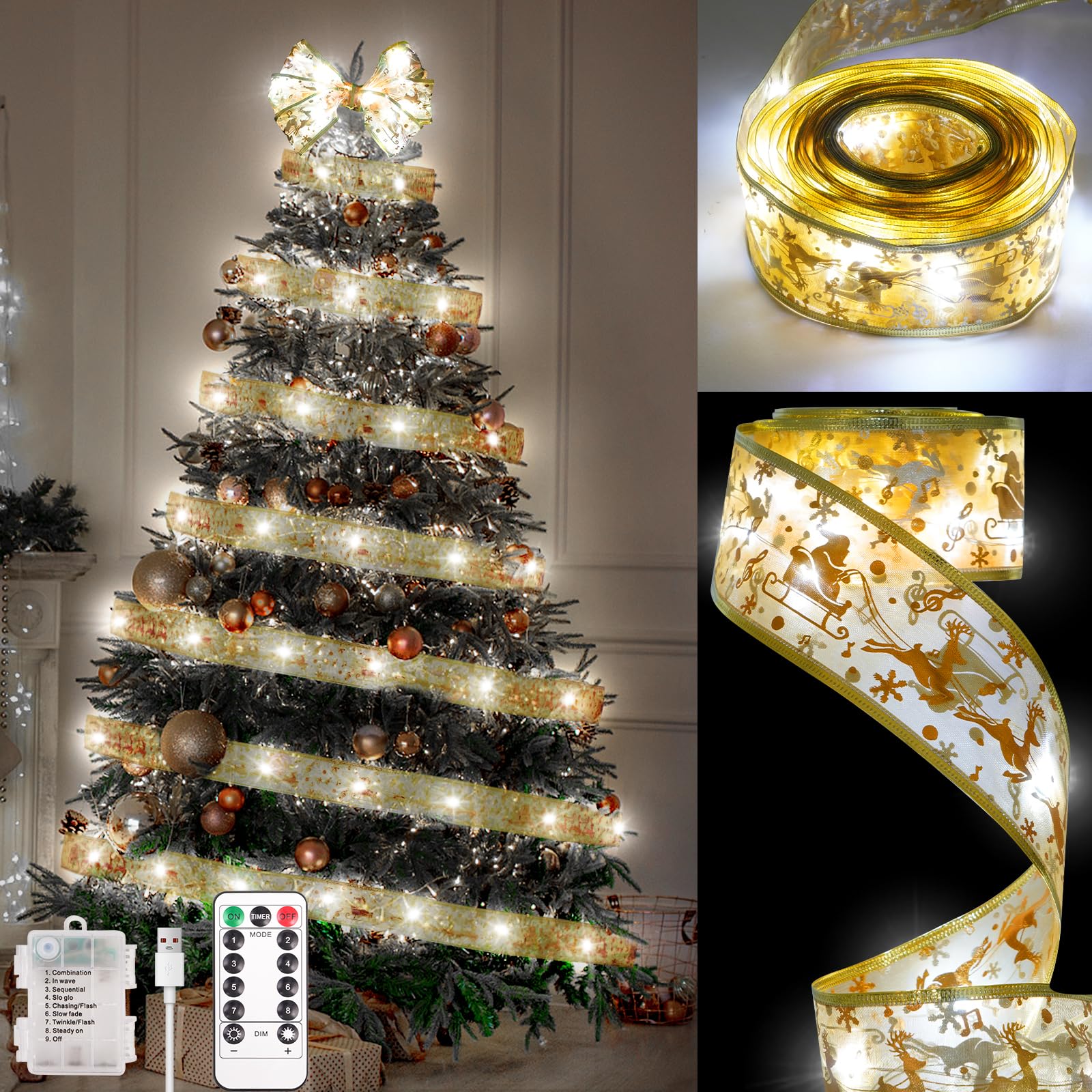 Kproe Christmas Tree Decorations, 64Ft 200 Led Christmas Tree Copper Wire Ribbon Bows Lights With 8 Lighting Modes, Battery Oper