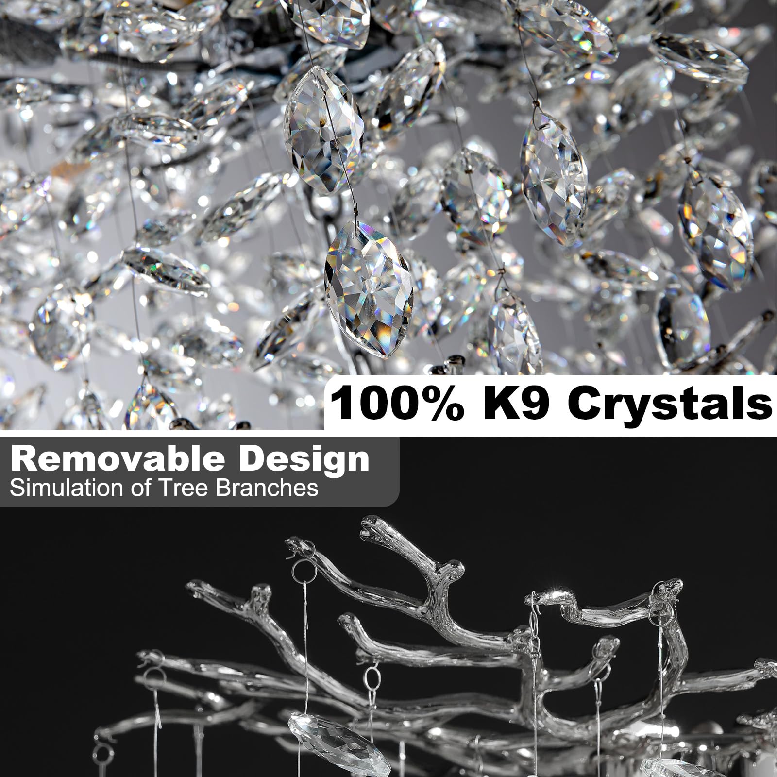 Yuyi Modern Crystal Chandelier 47'' Silver Tree Branch Chandelier For Dining Room, 18-Lights Round Raindrop Chandeliers For Livi