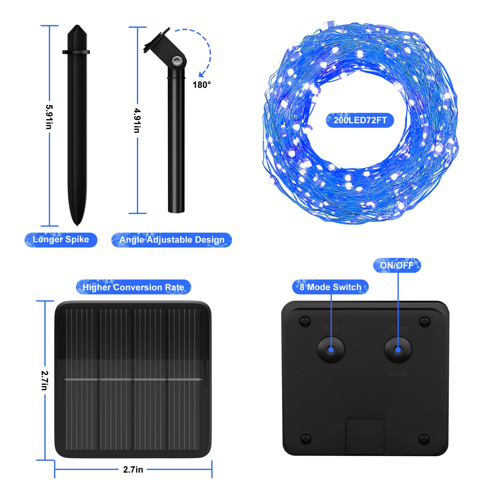 Solar String Lights For Outside, 72Ft 200 Led Solar Fairy Lights With 8 Modes, Solar Powered Fairy Lights Waterproof For Christmas Tree Garden Party Wedding Decor.(Blue)