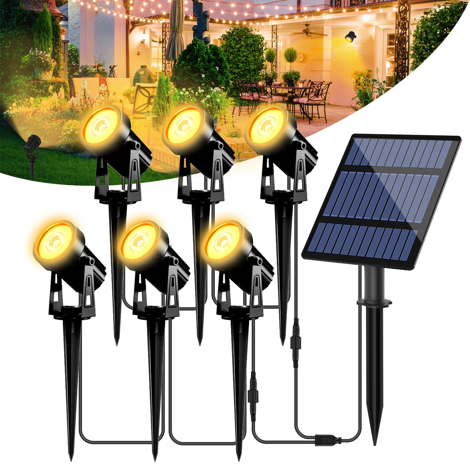 T-SUNUS 6-in-1 Solar Spot Lights for Outdoor Warm White 3000K Landscape Spotlight IP65 Waterproof Separated Panel Uplights with 