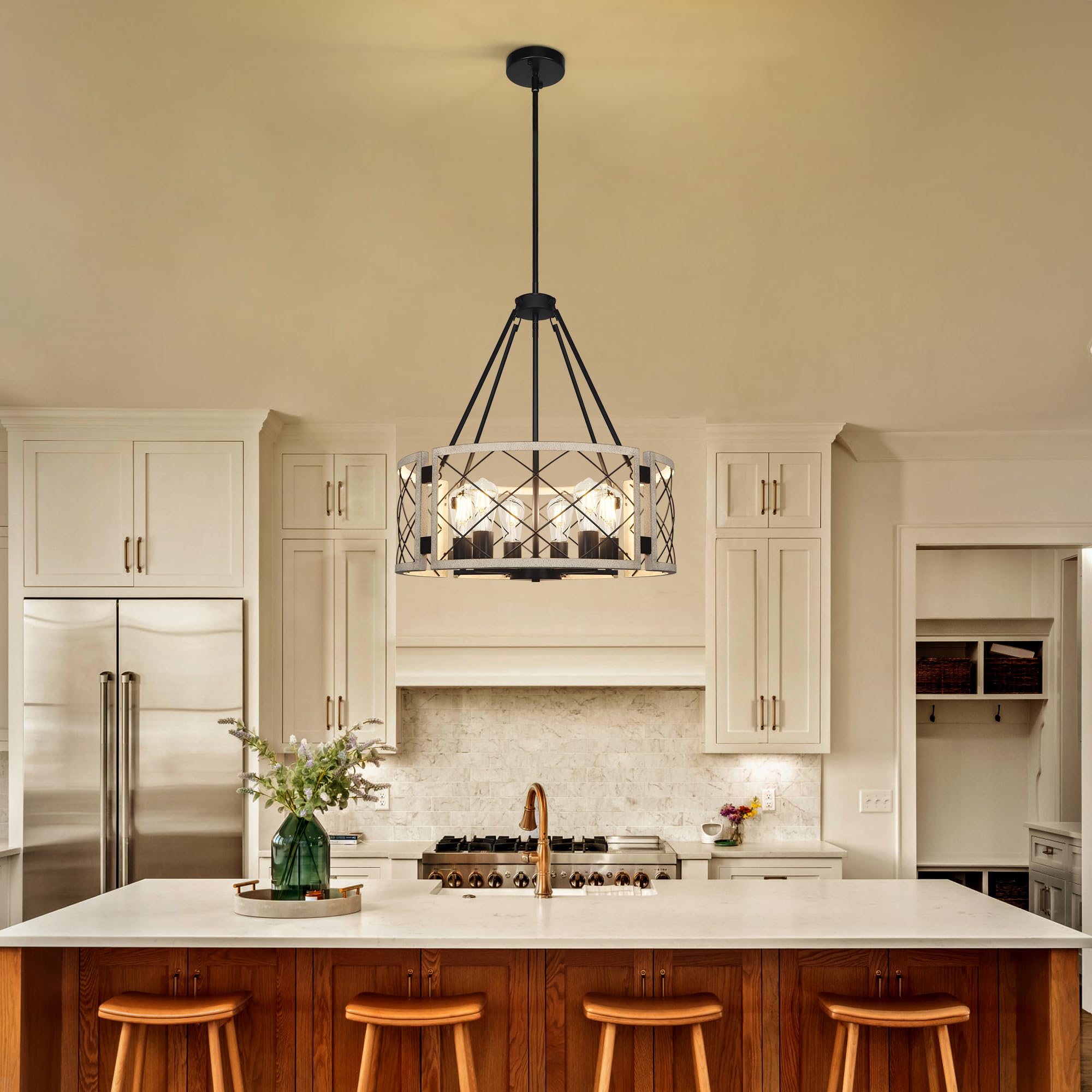 Sigaitwei 21.7'' Farmhouse Drum Chandelier,6-Light Adjustable Dining Room Light Fixture Kitchen Island Lighting, Rustic Hanging