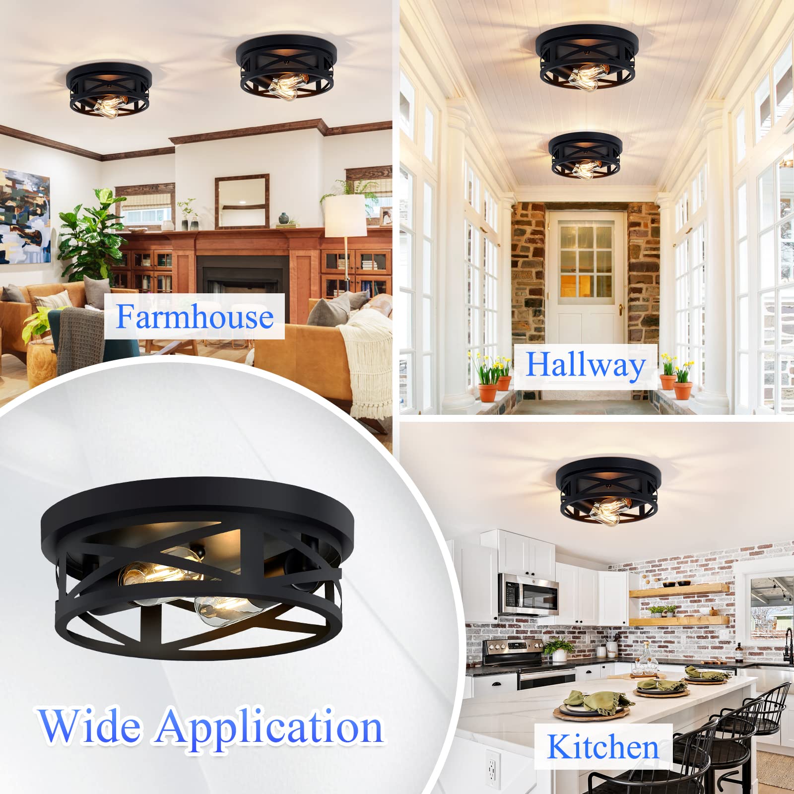 Skejao Flush Mount Ceiling Light Fixture,Black 2-Light Hallway Light Fixtures Ceiling,Light Fixtures Ceiling Mount For Farmhouse