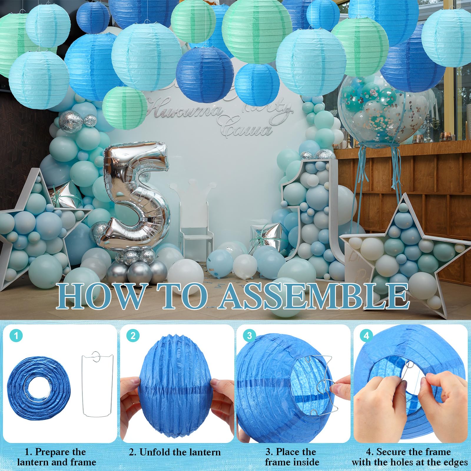 Treela 48 Pcs Paper Lanterns Party Decorations Chinese Round Paper Lanterns 4/6/8/10 Inch Asian Hanging Lanterns Lamps Decorative For Birthday Party Supplies(Blue Series)