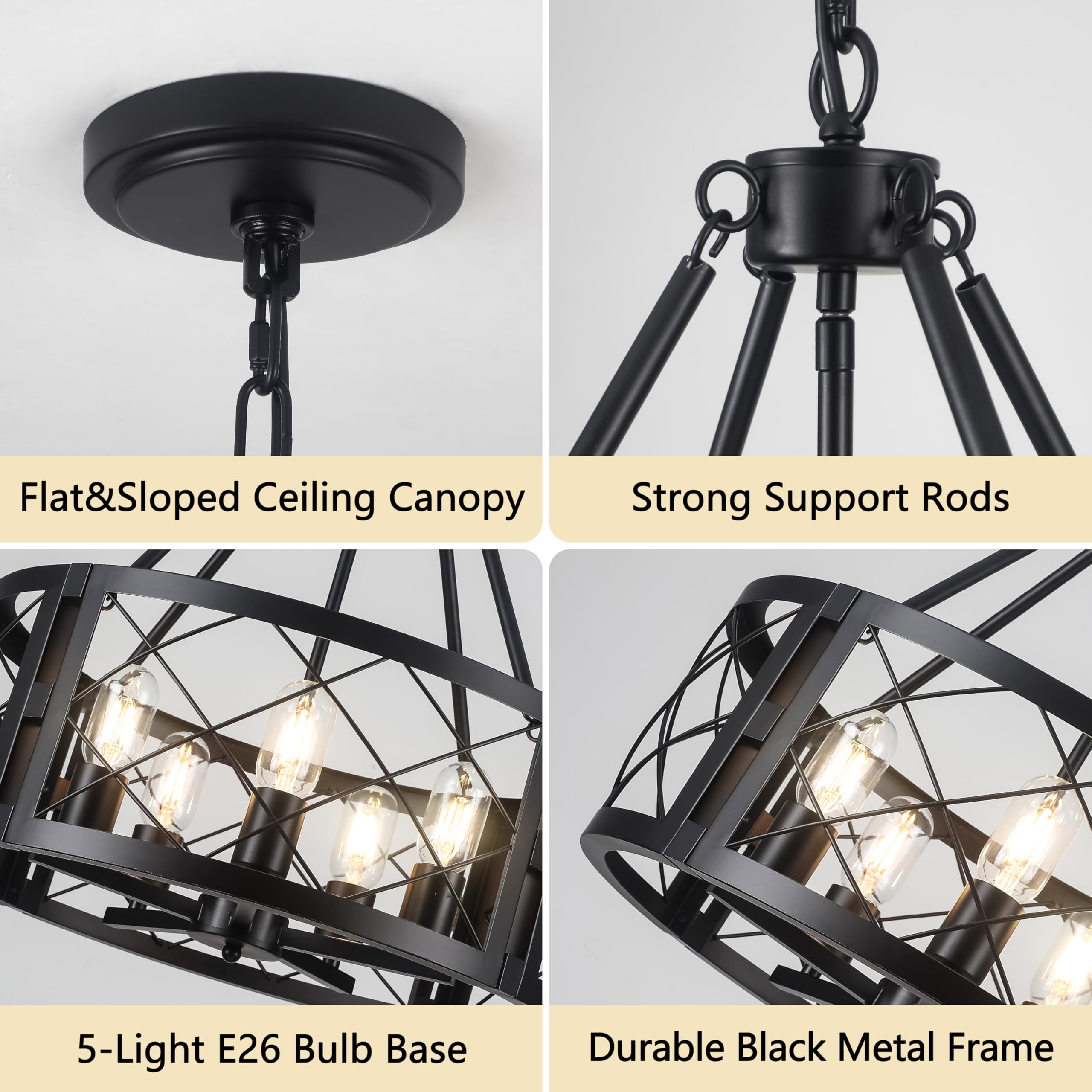 Corlaceling 5-Light Black Farmhouse Chandelier, 19.8" Round Pendant Lighting for Dining Room, Entryway, Hallway, Bedroom