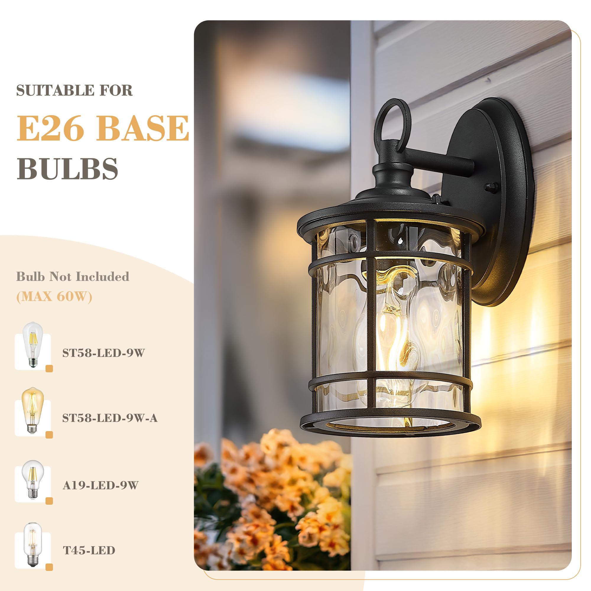 Emliviar 1-Light Outdoor Wall Mounted Lighting, Matte Black, 11.4" Aluminum Carriage Light with Water Ripple Glass, Model XE229BS BK-WG