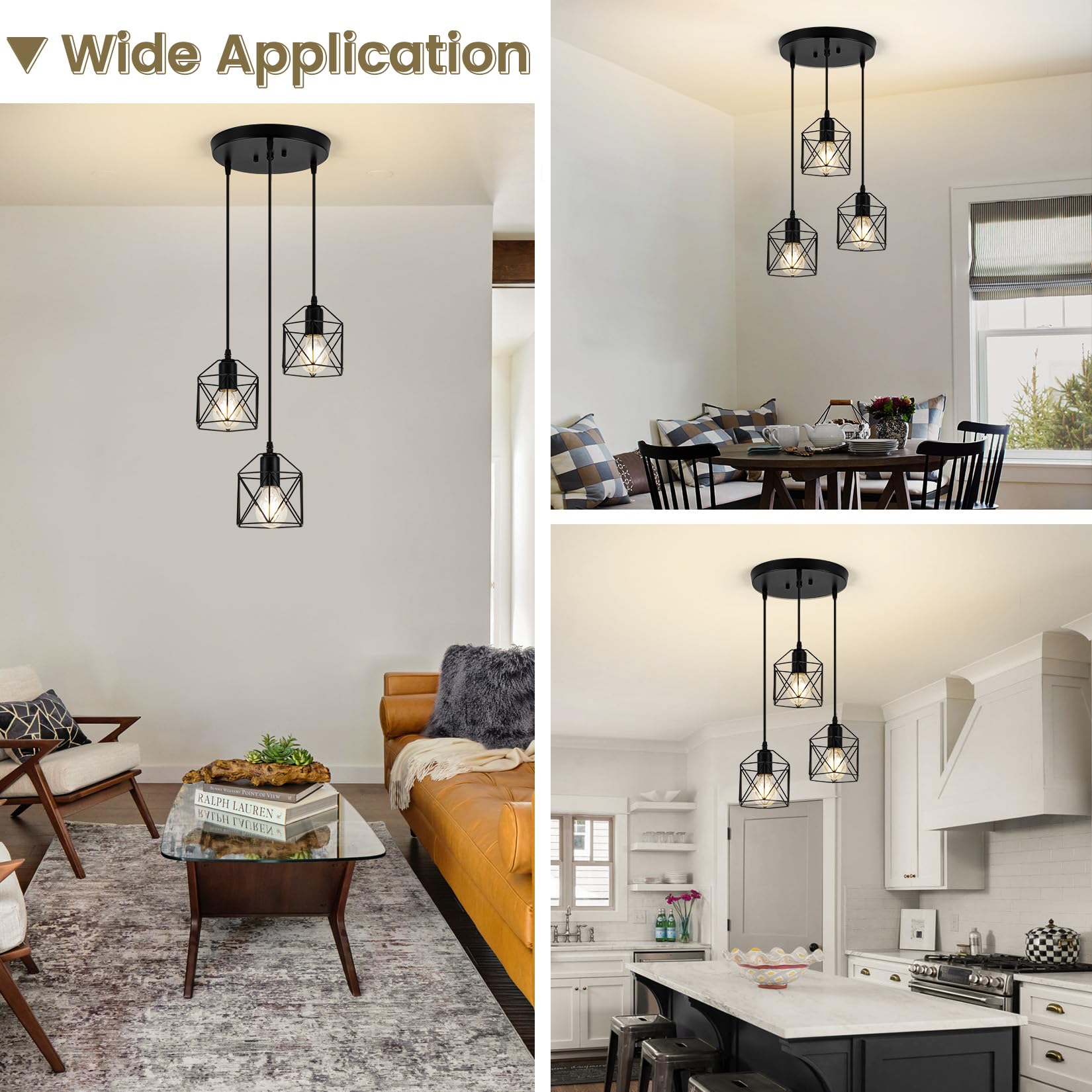 Rocunsi 3-Light Pendant Light Fixtures  Farmhouse Hanging Pendant Lighting  Dining Room Chandelier  Industrial Kitchen Island Hanging Light Fixture  Black Metal Cage Pendant Ceiling Lamp For Kitchen