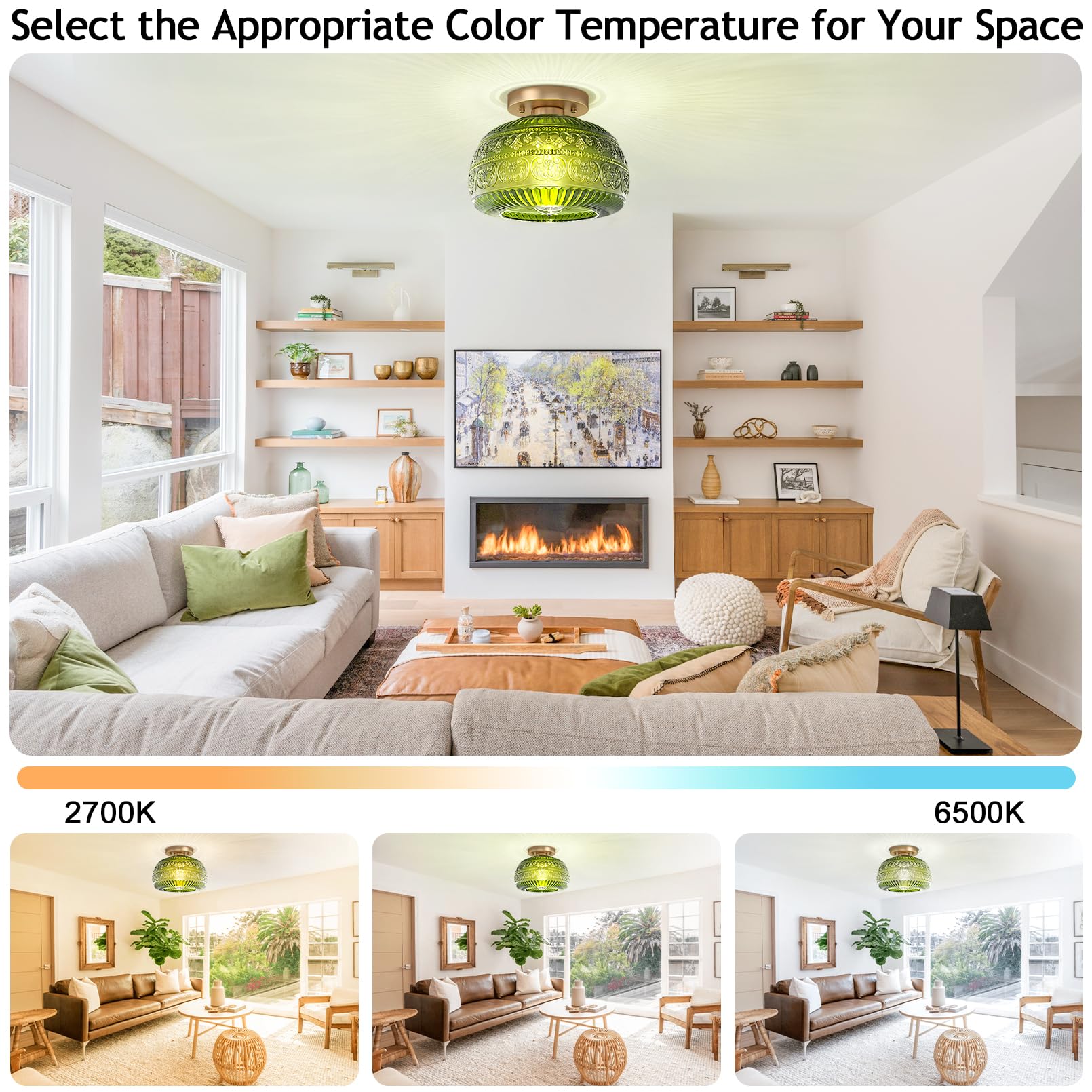 OYKYOHEI Green Glass Semi Flush Mount Ceiling Light, 9in Modern Fixture for Kitchen, Porch, Corridor, Bedroom - Bulb Not Included