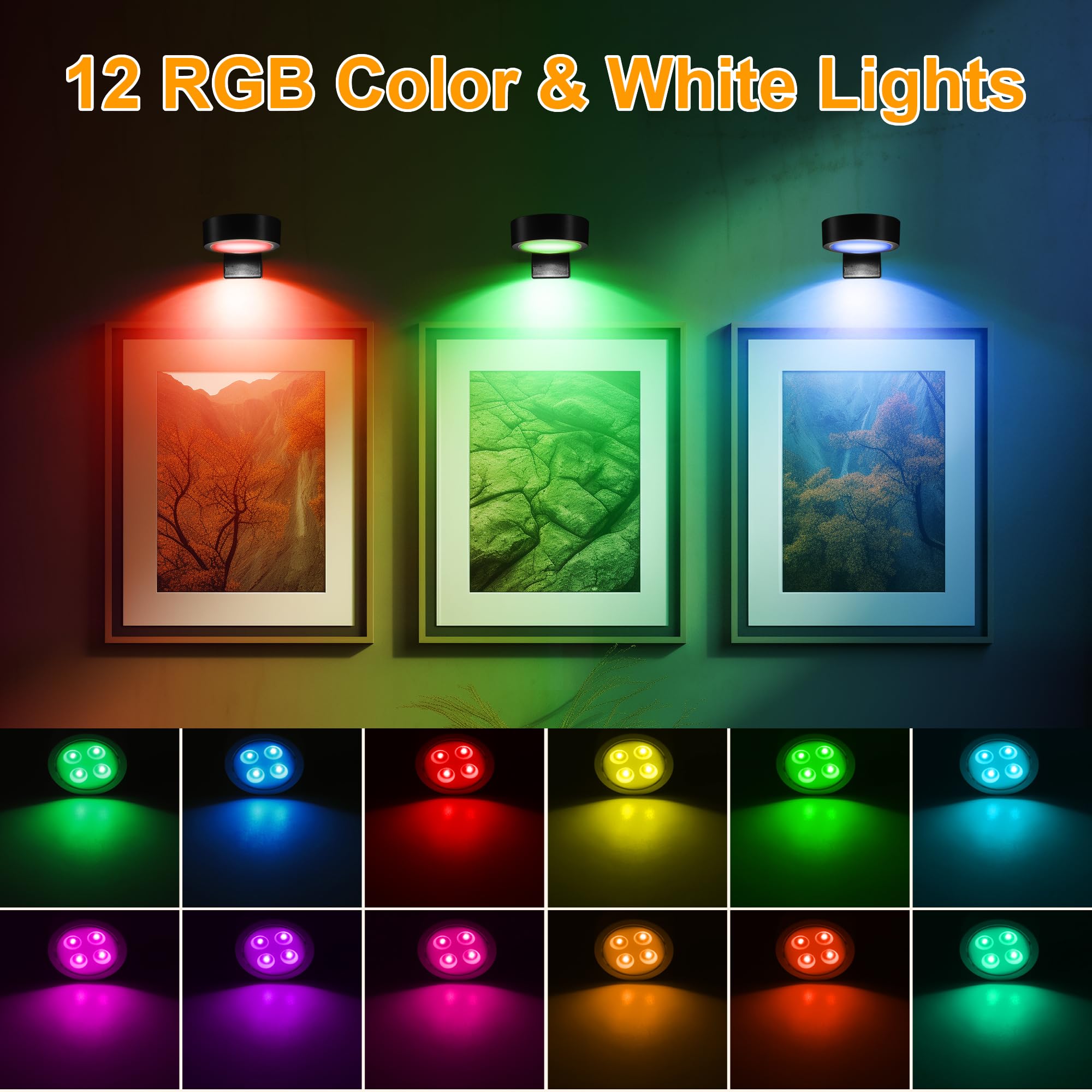 3Pack Picture Lights For Wall, Rgb Color Changing Led Art Display Light With Rechargeable Battery Operated, Magnetic Painting Li