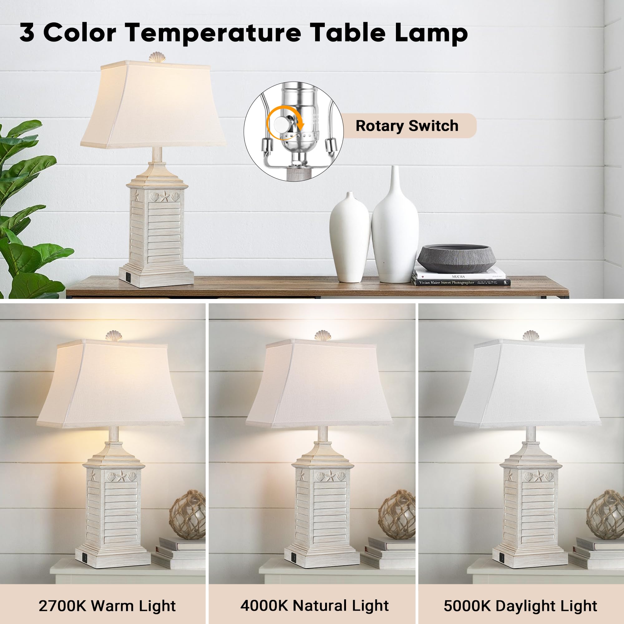 Hamucd Coastal Table Lamps Set of 2 - Washed White Modern Resin with USB A+C - LED 3-Color Temperature Nautical Decor