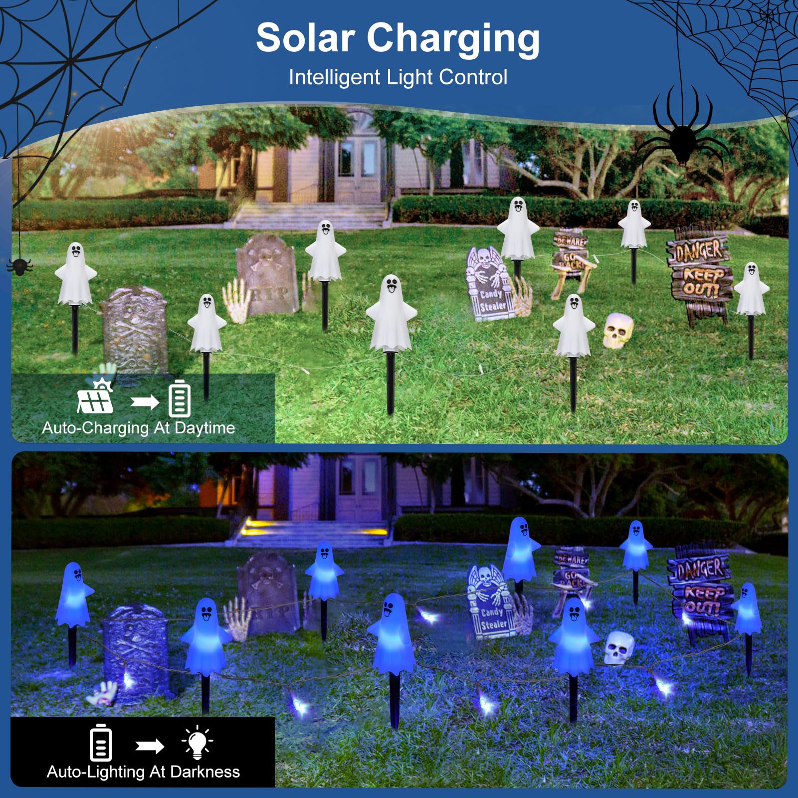 8Pcs Ghost Halloween Decor Pathway Lights Outdoor  Solar Powered Ghost Stake Lights With 8 Lighting Modes  Waterproof Halloween Decorations For Garden/Yard/Patio