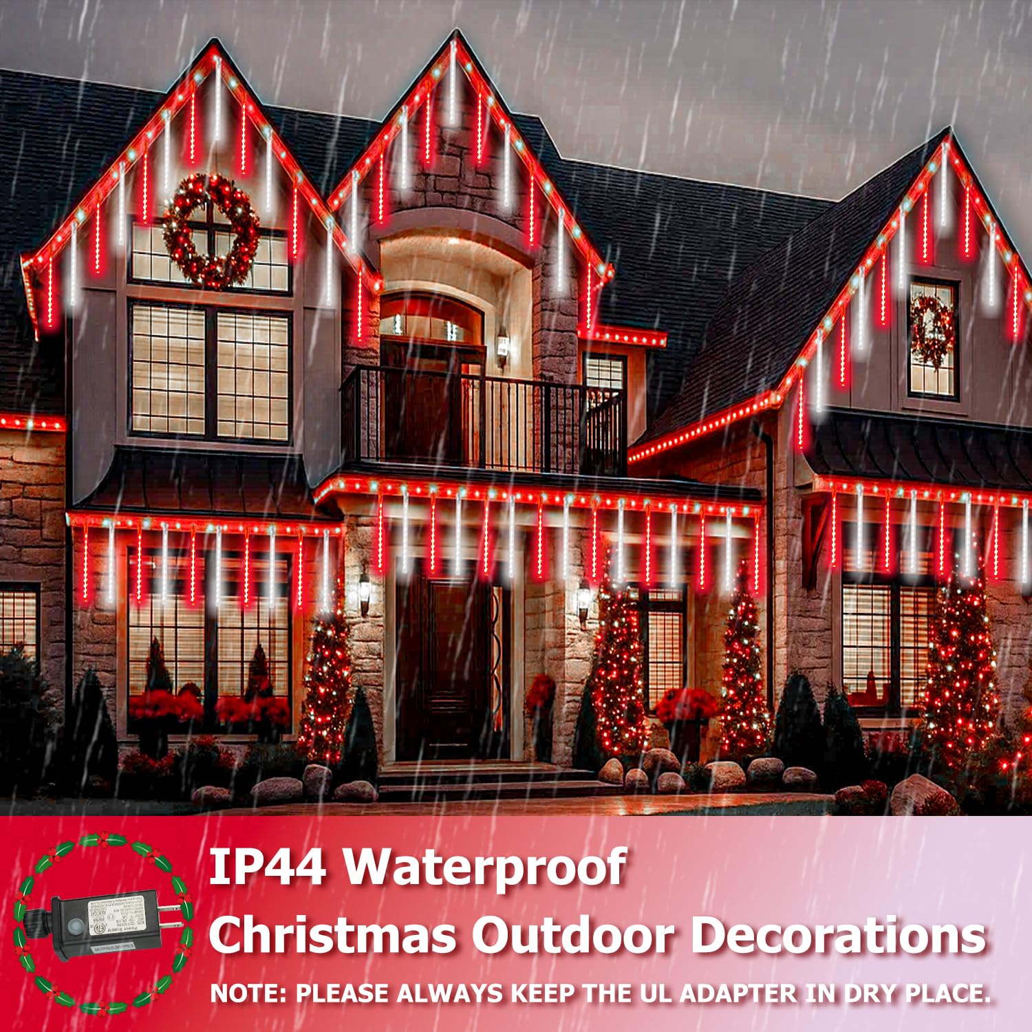 2-Pack Extendable Meteor Shower Christmas Lights Outdoor  16 Tubes 384 Leds Waterproof Falling Rain String Lights  Christmas String Lights Outdoor For Tree Garden Holiday Decorations (Red And White)