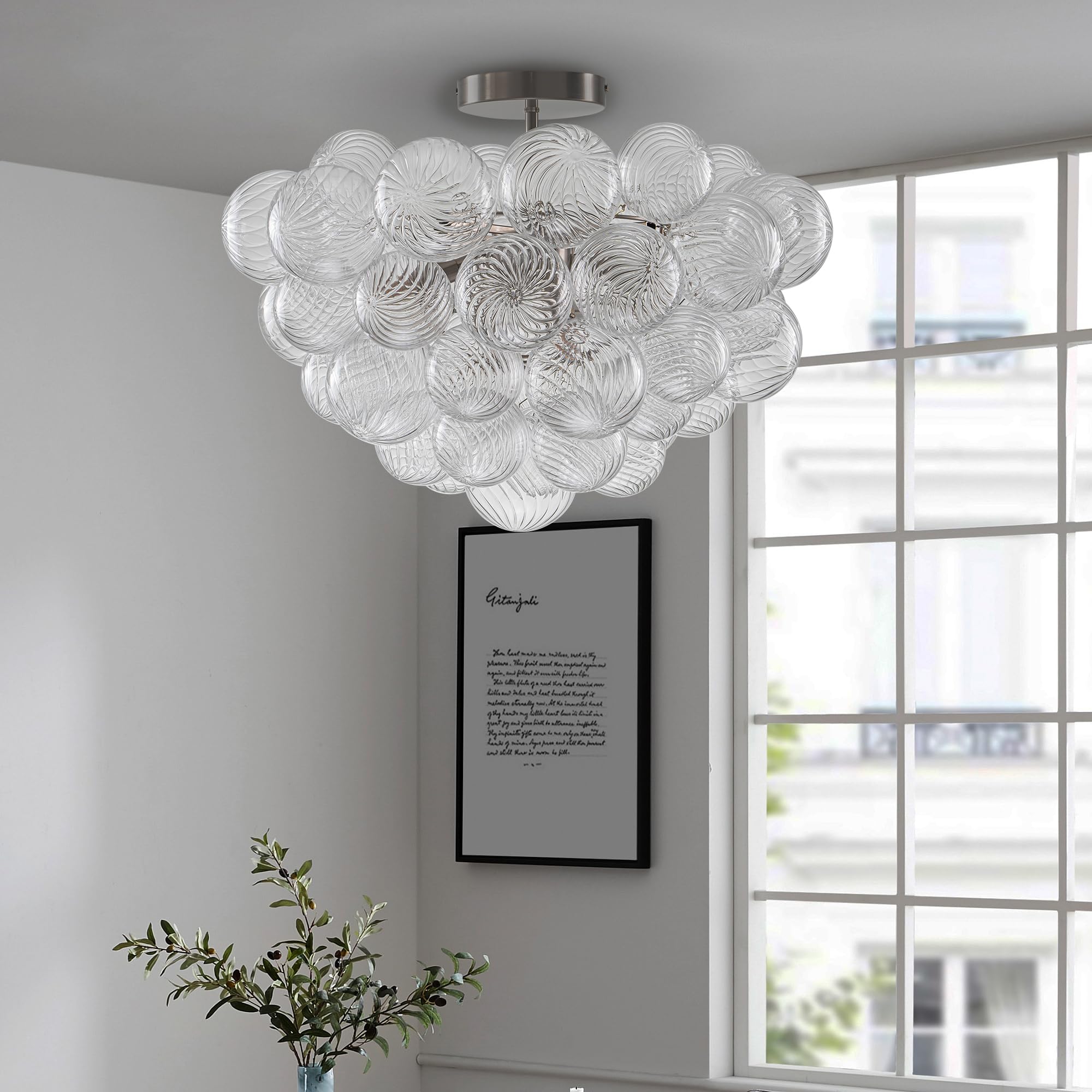 Beypan Bubble Ball Glass Chandelier Brushed Nickle Semi Flush Mount Ceiling Light Fixture 20'' Dia Clear Ribbed Blown Glass Glob