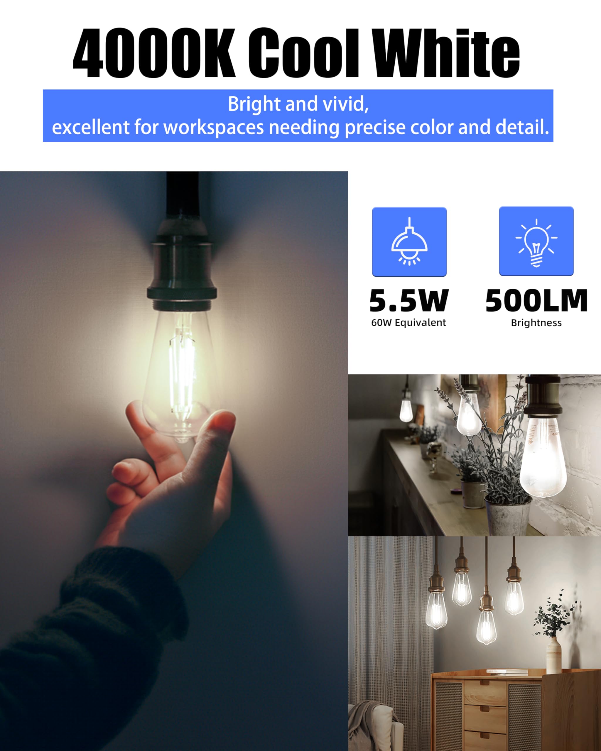 St19 Led Edison Bulb, 5.5W (60W Equivalent) 500Lm Cri 95+, Non-Dimmable, 4000K Cool White, E26 Medium Base, Vintage Filament, Cl
