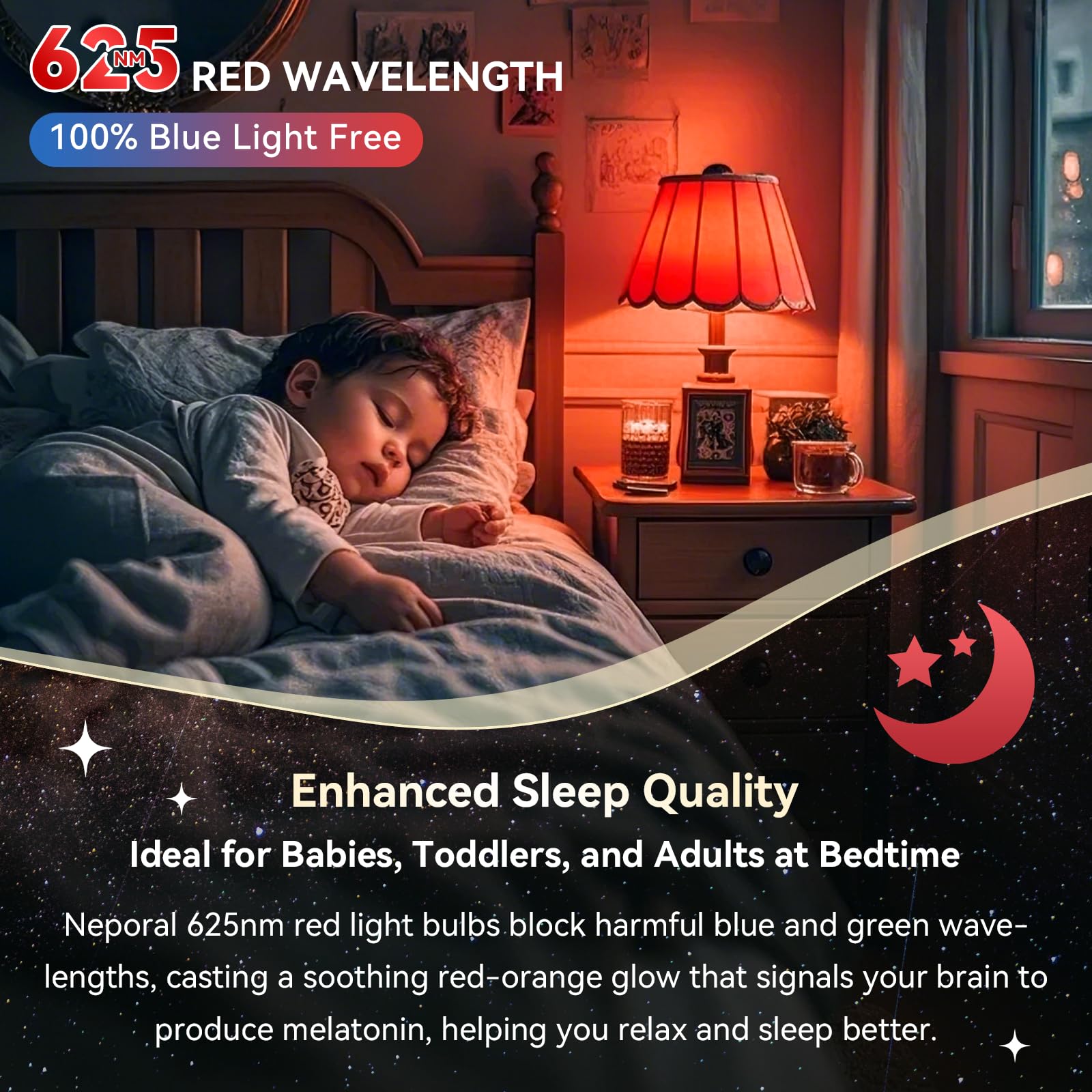 Neporal 9W Red Light Bulb - 100% Blue Light Blocking, Melatonin Promoting, A19 LED Night Light for Sleep & Nursery, 1-Pack
