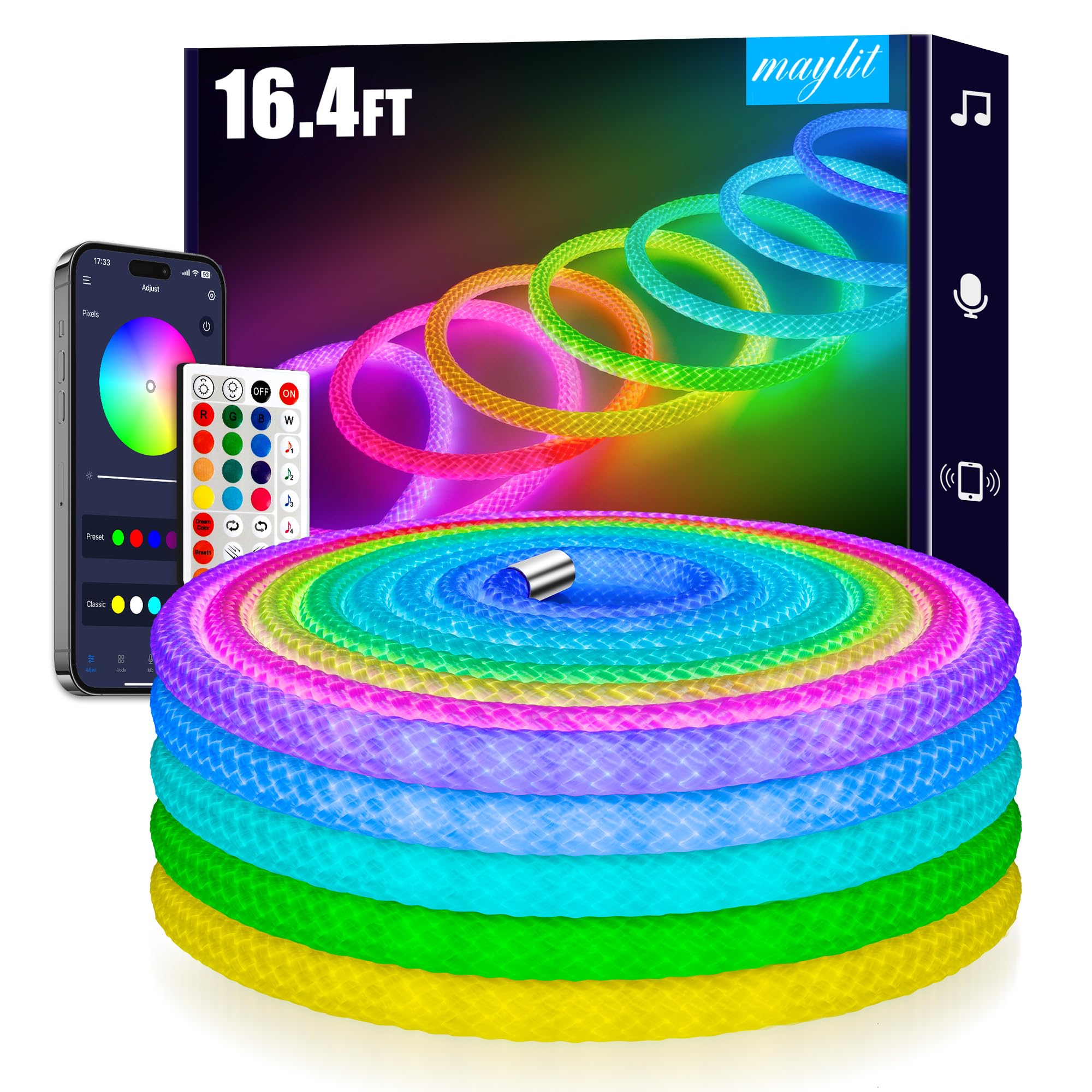 maylit 360 Degree Luminous Reticulate Weave Rope Lights  16.4ft Addressable ICRGB LED Band Lights  Music Sync  DIY Design  USB Powered Flexible LED Lights for Gaming Room Living Bedroom Wall Decor