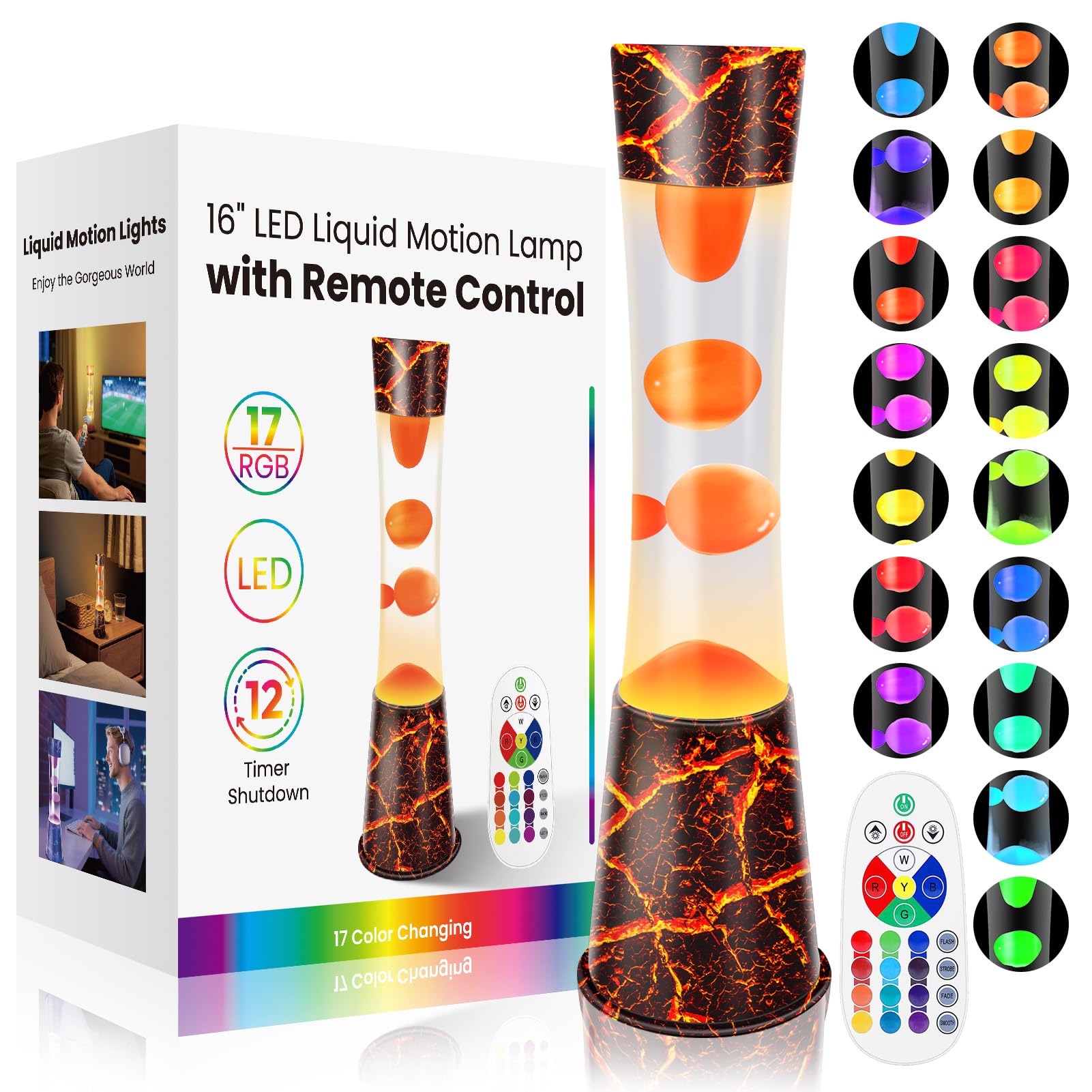 Biulazyda 15.5-Inch Color Changing LED Lamp,Smart Timer Remote-Controlled Volcano Large Liquid Motion Lamp,Dynamic Shadow Ambian