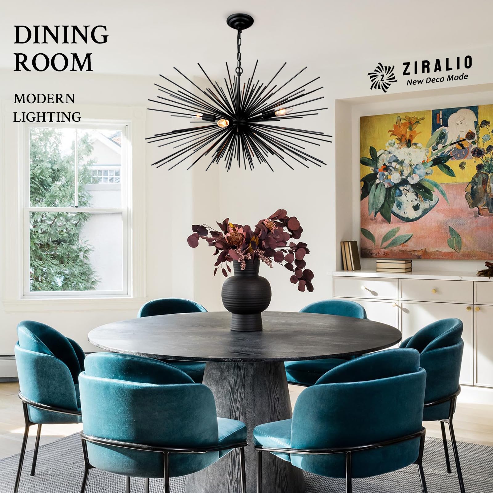Ziralio Black Sputnik Chandelier Vintage 9-Lights Geometric Starburst Chandelier Light Fixture Modern Black Firework Chandelier