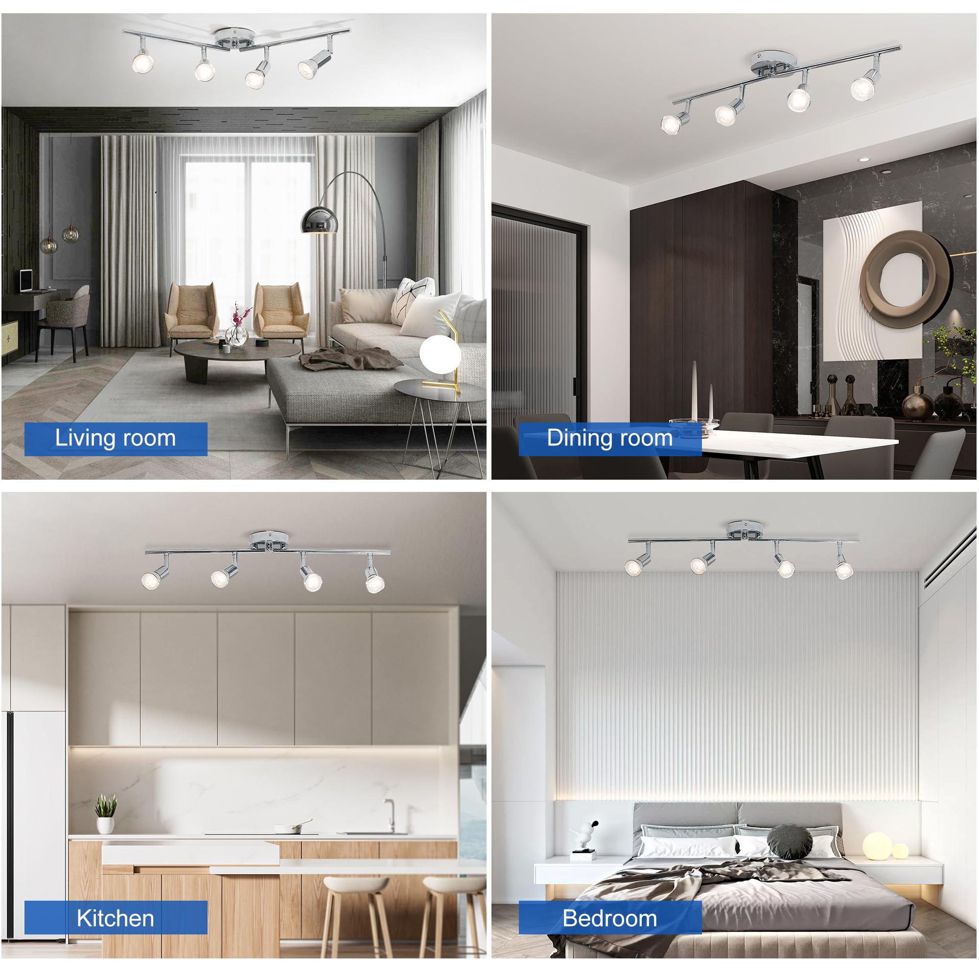 Qcyuui Modern 4-Light Track Lighting Kit, Flush Mount Wall/Ceiling Spot Lights Fixture, Led Track Lighting With Chrome Rotatable