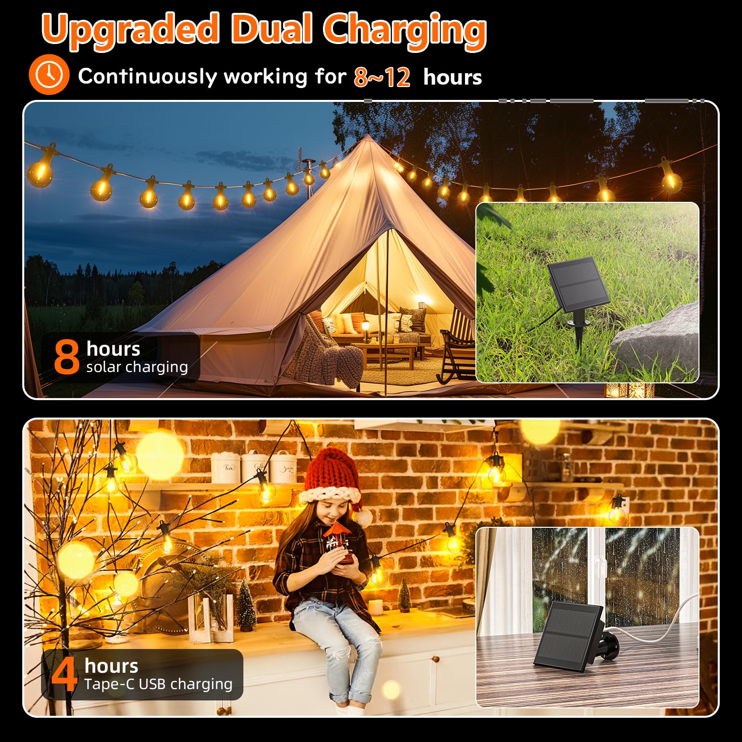 Kawaya Solar-Powered String Lights Outside: 31 Ft Outdoor Led Patio Lights With Usb-Charging, Ip65 Waterproof 15 Shatterproof Ed