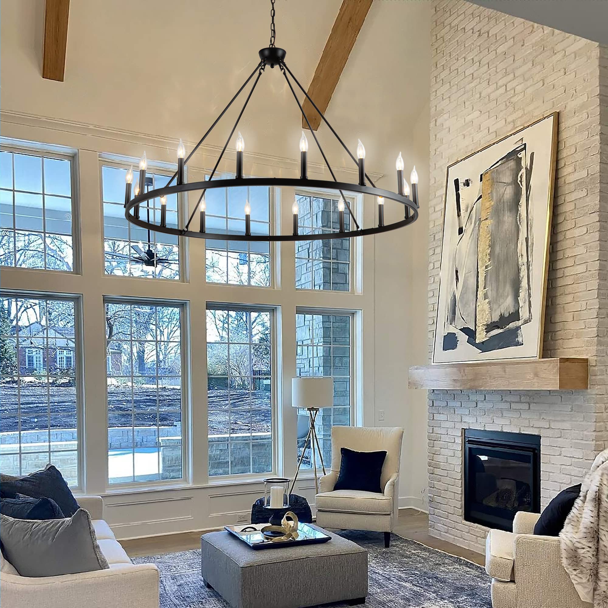 Psyverii 16-Light Black Wagon Wheel Chandelier - Rustic Farmhouse Lighting Fixture, Model PSY-A7-23