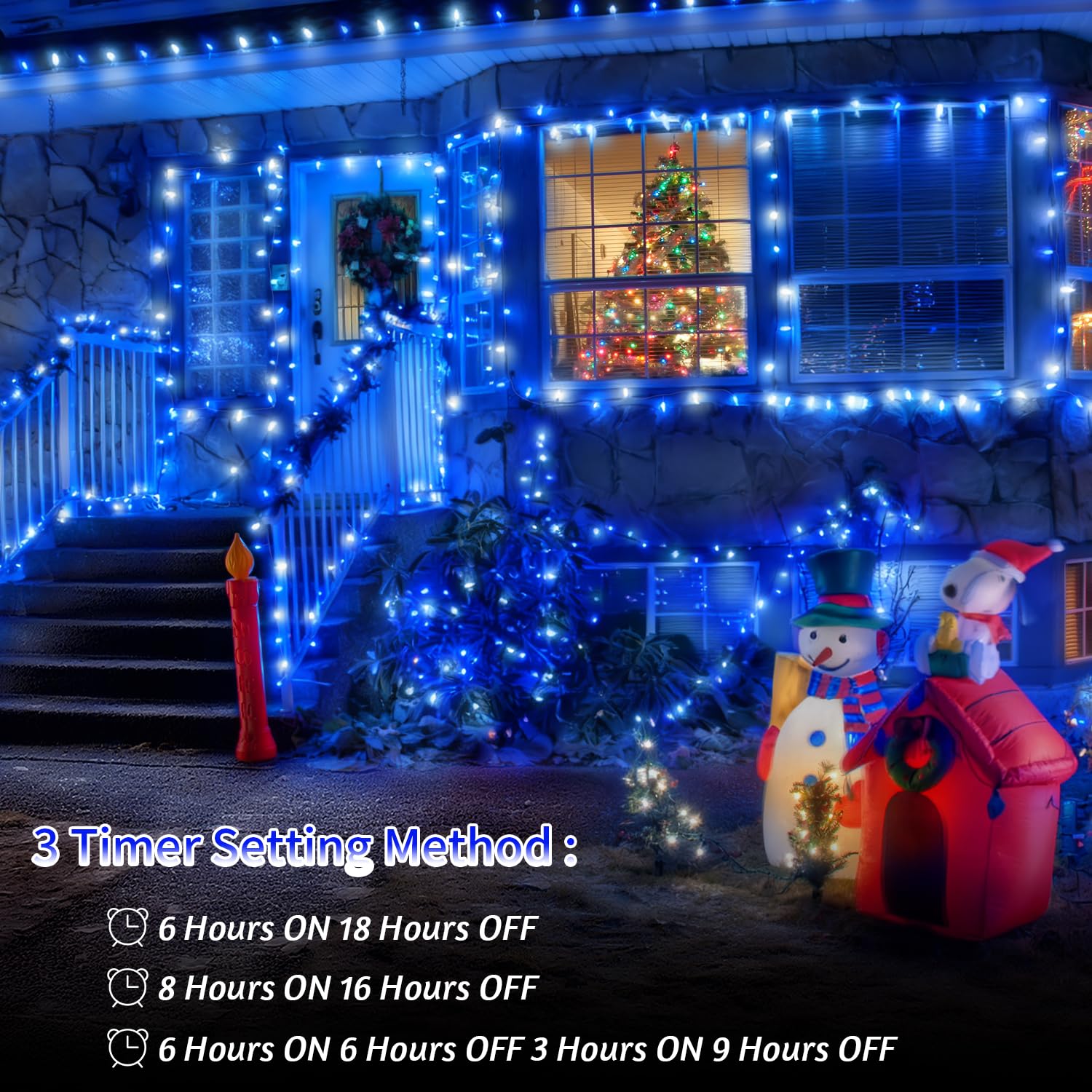 403 Ft 1000 Led Christmas Lights Outdoor Decorations Super Long Fairy Lights Waterproof 8 Modes Timer Clear Wire String Lights For Outside House Tree Patio Yard Wedding Party Holiday-Blue&White
