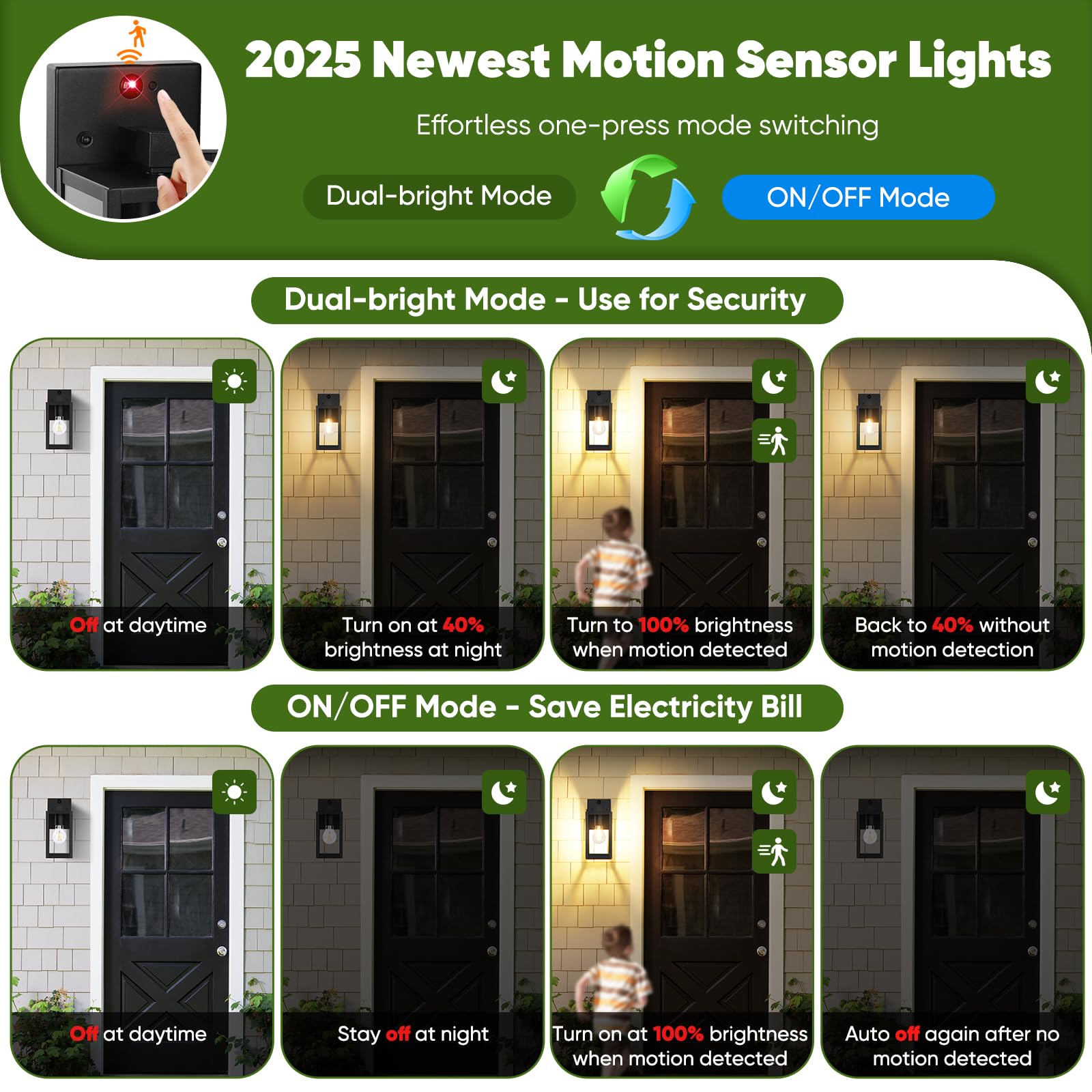 BesLowe 2-Pack Motion Sensor Outdoor Wall Lights, 10.6" Black Porch Lanterns, Dusk to Dawn, 3 Lighting Modes