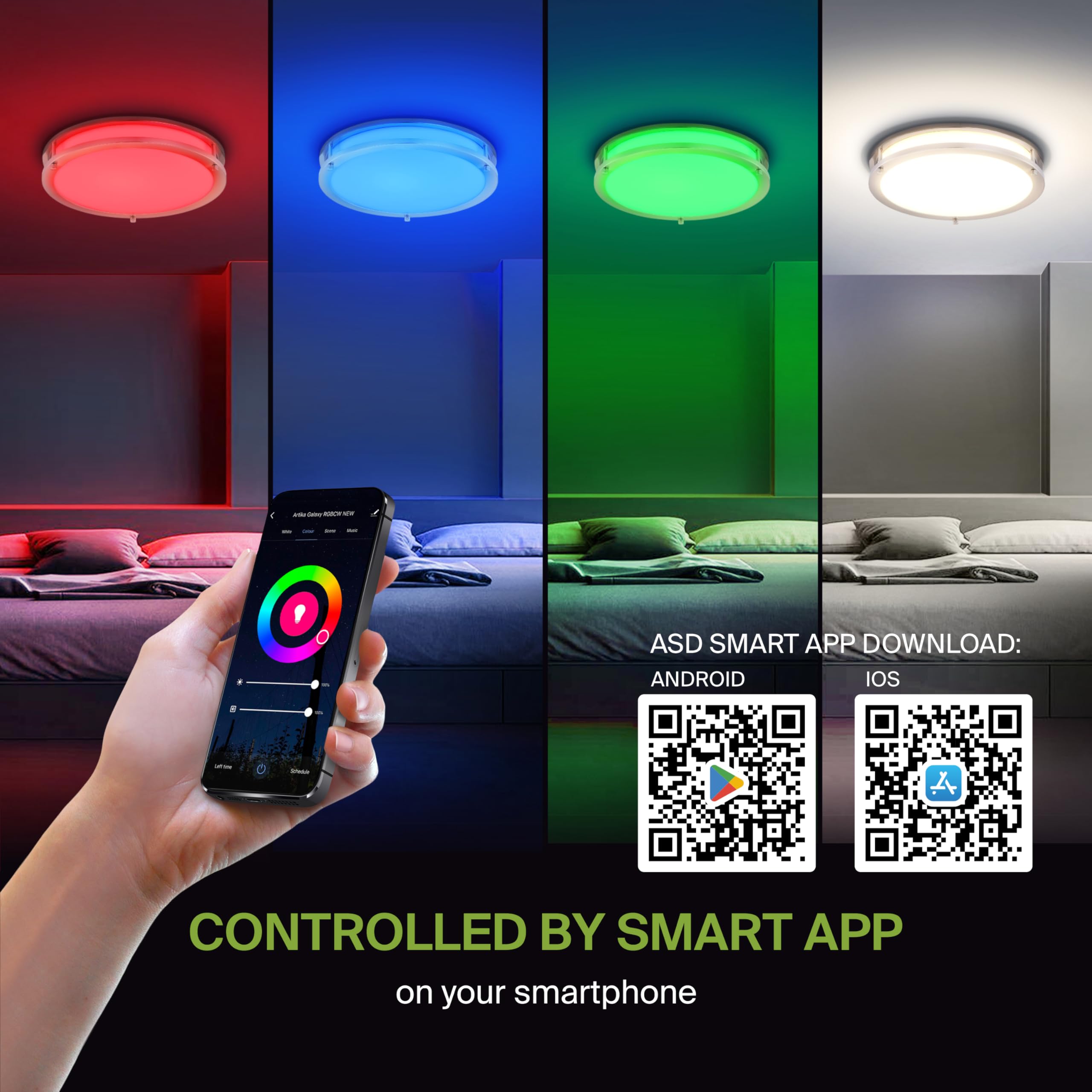 ASD 16 Inch LED Flush Mount Light Fixture, 24W RGB-2700K-6500K, Dimmable, Brushed Nickel, Model A-DR16D24S-R