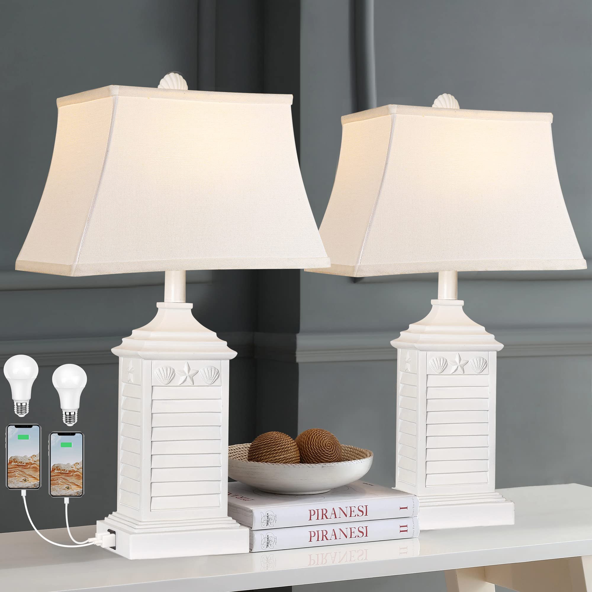 Hamucd Table Lamps Set of 2, USB Ports & AC Outlet, Modern Resin, White, Coastal Design, Nightstand Lamp (Bulbs Included)
