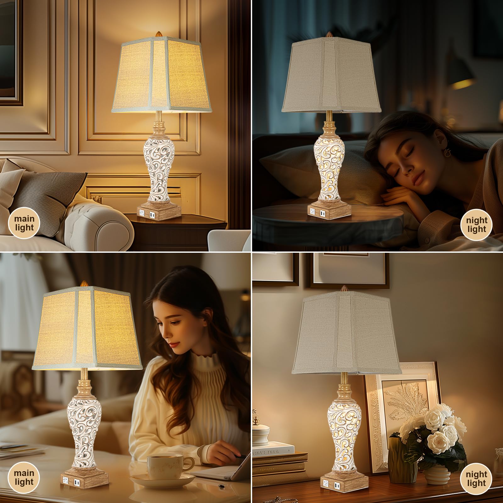 28.5'' Rustic Table Lamp Set Of 2 For Living Room Farmhouse Lamps For Bedroom, Bedside Lamps With Night Lights And Usb C+A Charg